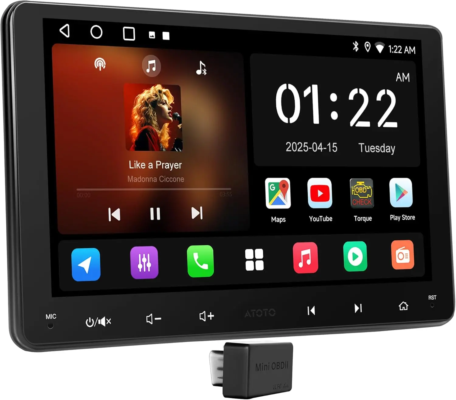 Atoto A5LG209T 9" Double Din Android Car Stereo with OBD2 Scanner, Wireless CarPlay & Android Auto, AI Voice, 24-Band EQ DSP, WiFi/BT/USB, 2G+32G