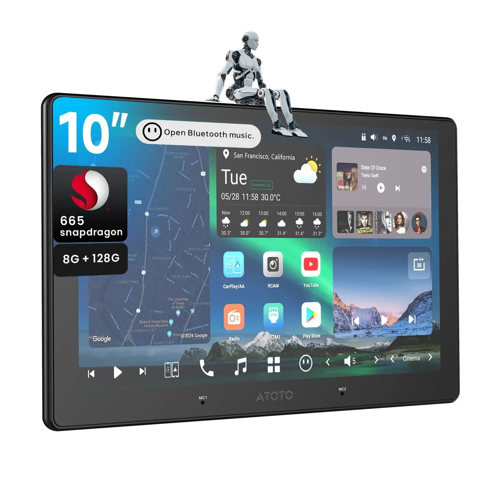 Atotozone stéréo de voiture Android AI Qled 10 pouces avec 8G+128G — Autoradios et unités principales