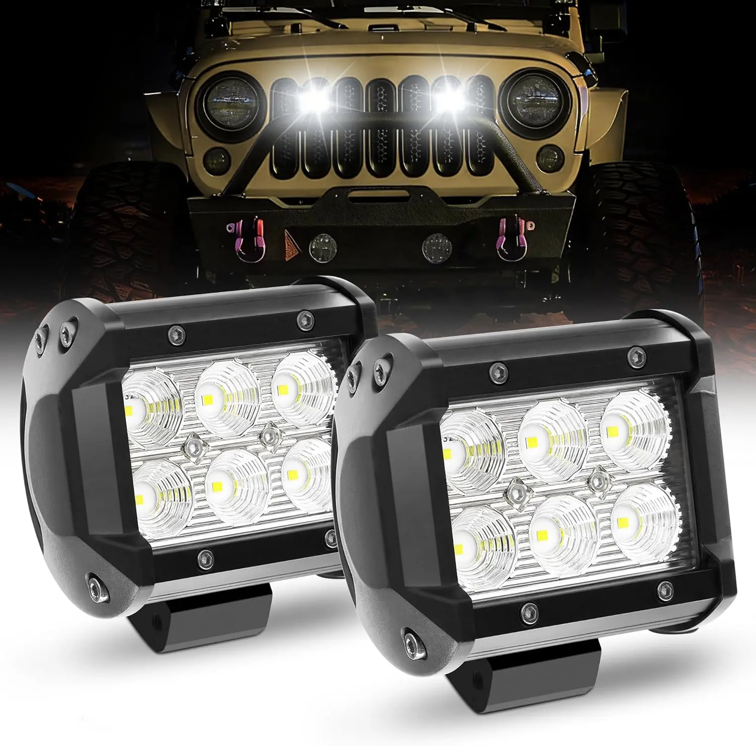 Atoto AL-4IN6-18W Leaprock 4” LED Work Lights 18W Flood Beam, Smart App Controlled Off-Road Driving Lights with CarPlay & Android Auto Support — Truck Accessori