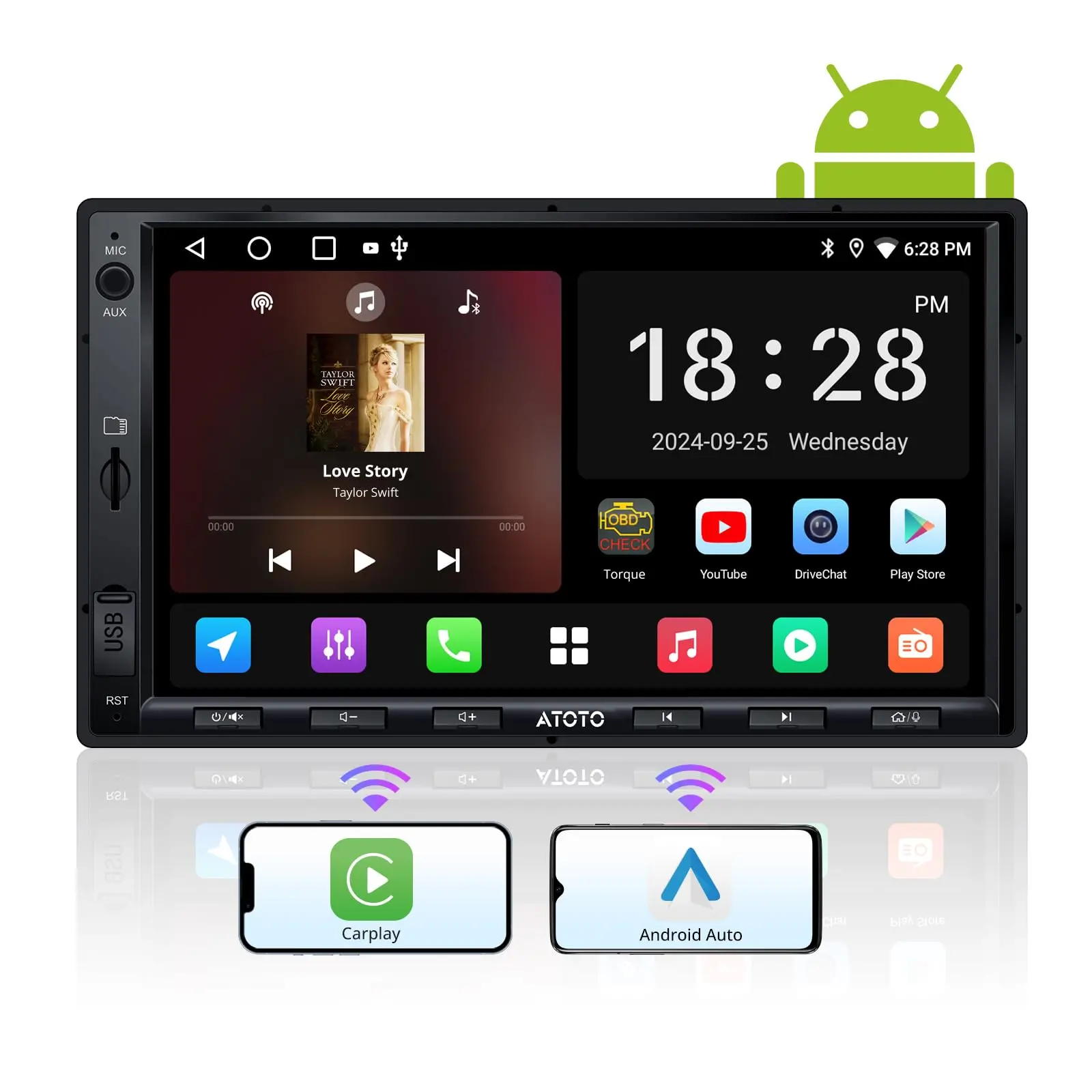 Atoto A5LG2A7T 7" Double Din Car Stereo, Android, Wireless CarPlay & Android Auto, Bluetooth, GPS Tracking, 2G+32G, Wi-Fi/BT/USB Tethering, 24-Band
