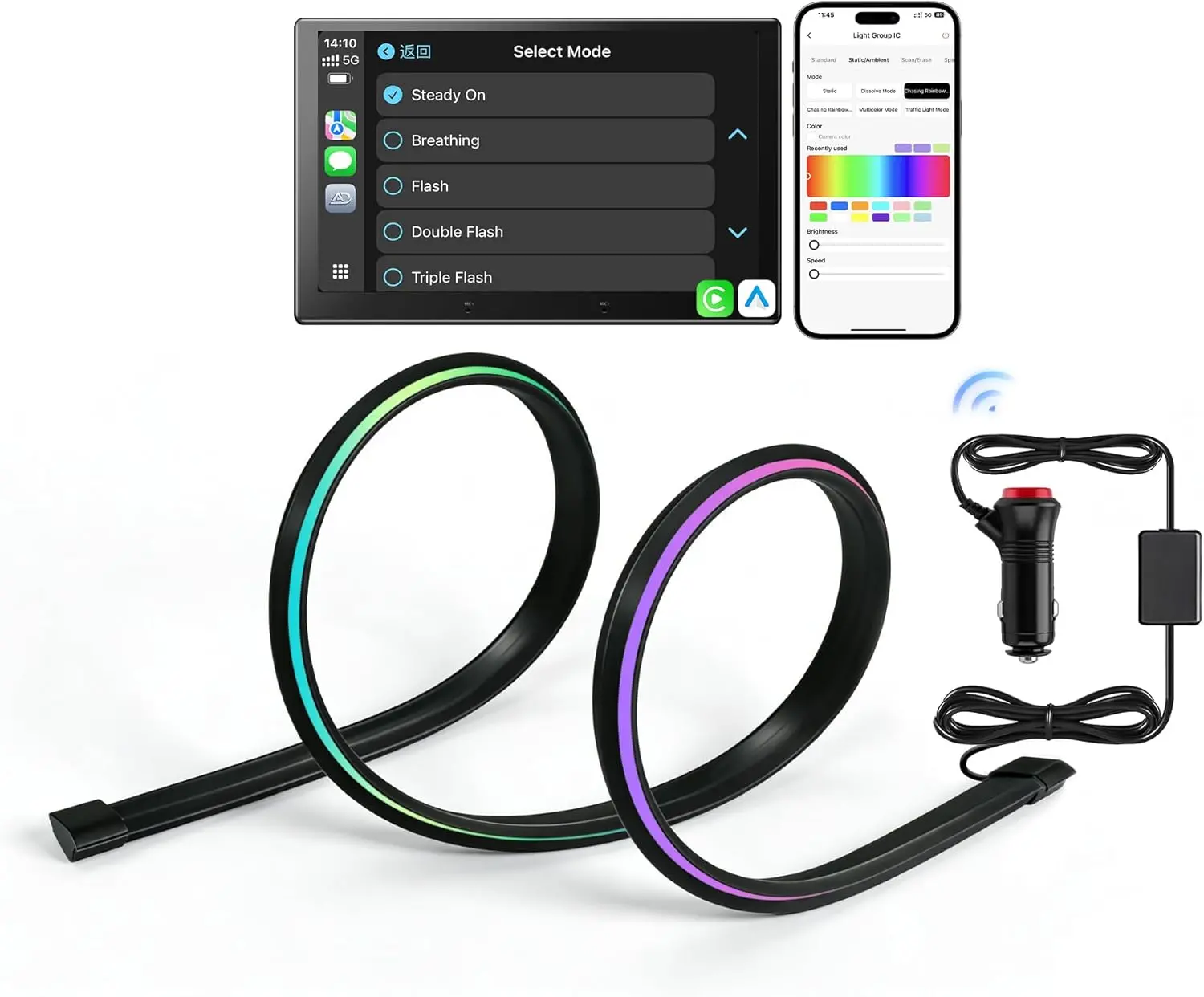 Car Interior LED Strip Lights, 16 Million Colors with App & CarPlay Control, Music Sync, Auto On/Off, Voltage Protection and Brightness Dimmer, 12V — Car Interi