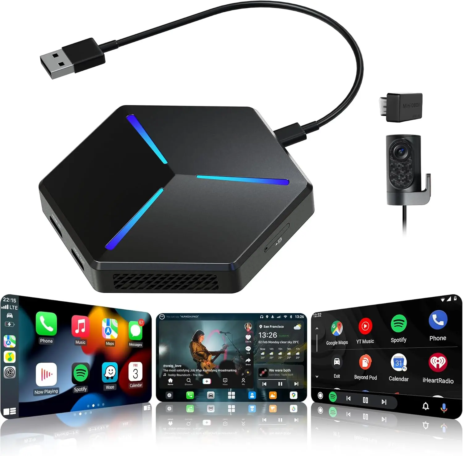 Atoto CB7PQ CarPlay AI Box avec Caméra DVR et Diagnostics OBD2, Système Android Complet, CarPlay et Android Auto sans Fil, DriveChat AI