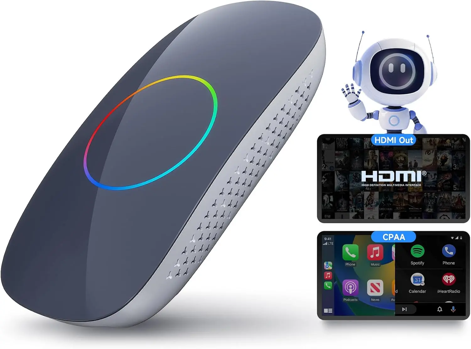 Atoto CB4DT-GY Wireless CarPlay Adapter & Magic AI Box with HDMI Output, Wireless Android Auto, Dual-Band Wi-Fi, Split-Screen Multitasking, Fast App