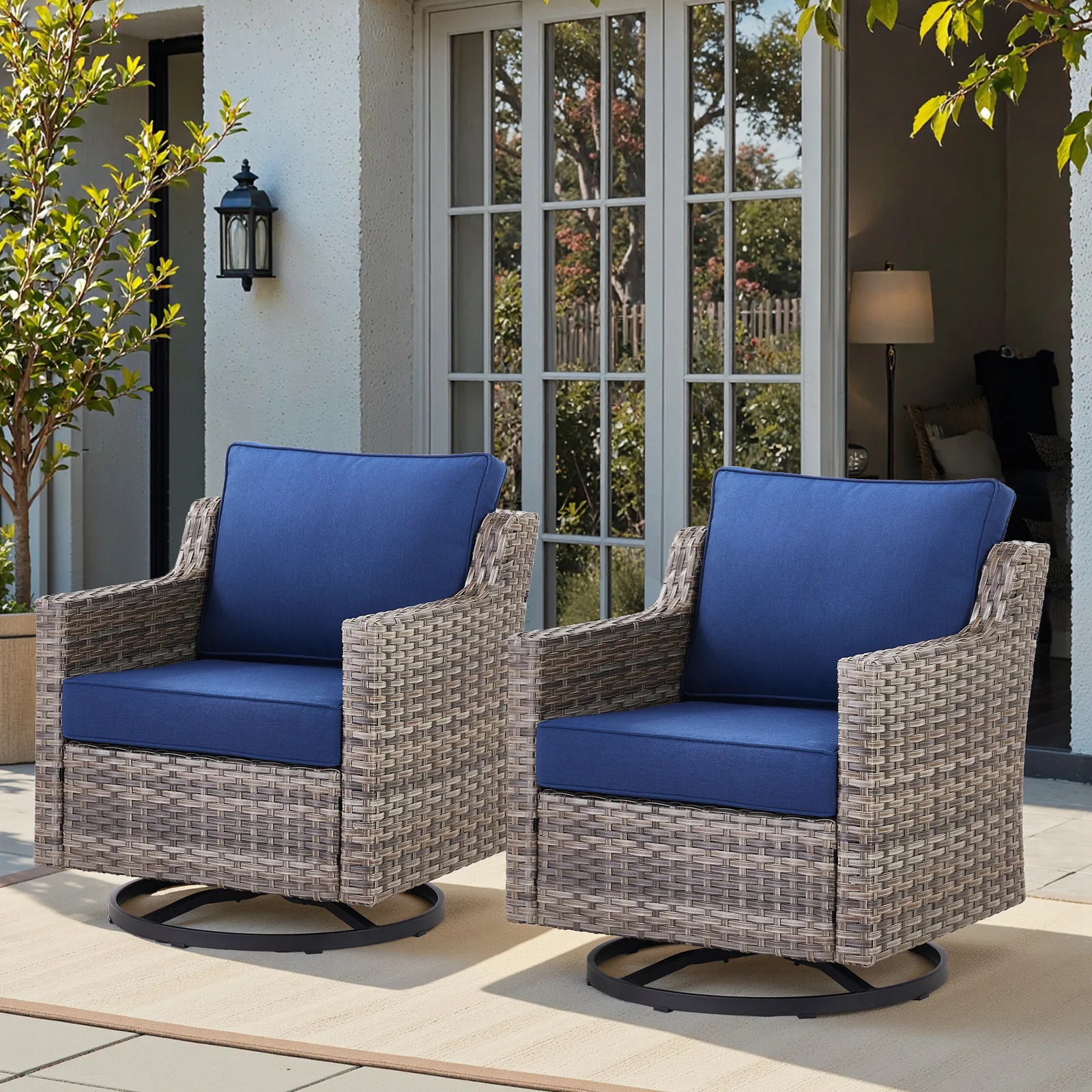 Belord – ensemble de chaises de patio à bascule pivotantes, 2 pièces, osier PE, coussins gris bleu — Mobilier de patio et d'extérieur