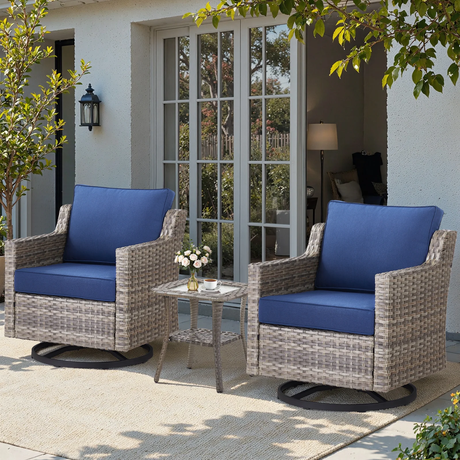 Belord 3-Piece Bistro Set with PE Wicker Swivel Chairs and Glass Table Gray Wicker Blue Cushion — Patio & Outdoor Furniture