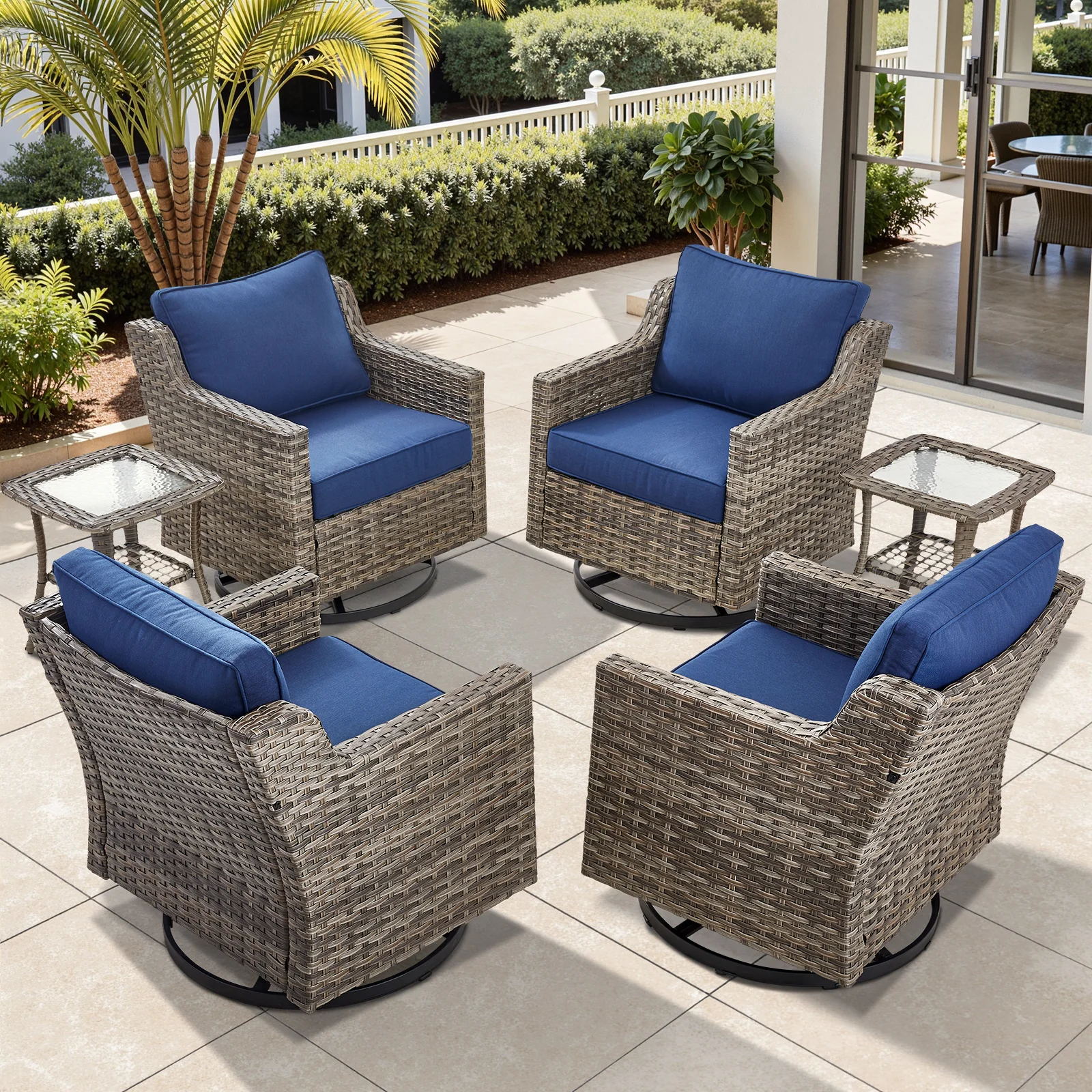 Belord Ensemble de patio 6 pièces avec 4 chaises berçantes pivotantes et tables d'appoint Coussin bleu en osier gris — Mobilier de patio et d'extérieur