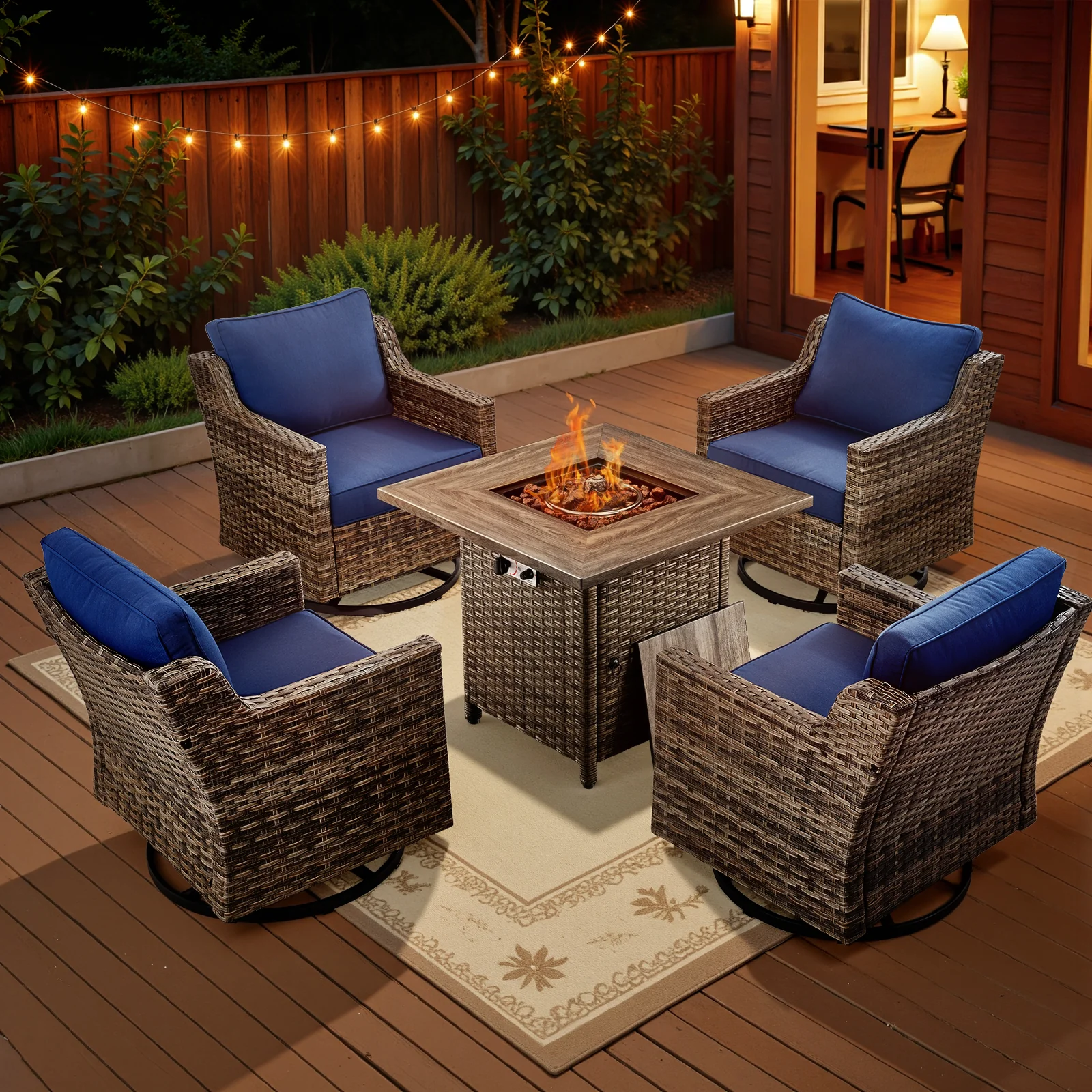 Belord 5-Piece Fire Pit Patio Set with 4 Swivel Chairs and Table Gray Wicker Blue Cushion — Patio & Outdoor Furniture