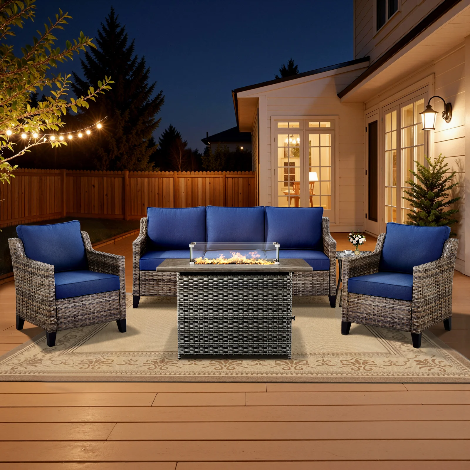 Ensemble de patio avec brasero Belord 5 pièces série FG avec osier gris et coussins bleus — Mobilier de patio et d'extérieur