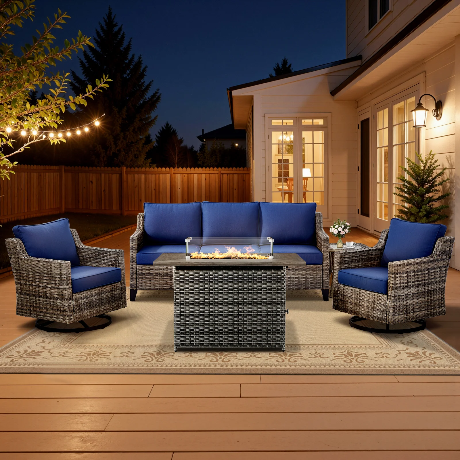 Belord Ensemble de patio avec foyer 5 pièces, canapé avec 2 chaises pivotantes et table d'appoint, coussin bleu en osier gris — Mobilier de patio et d'extérieur