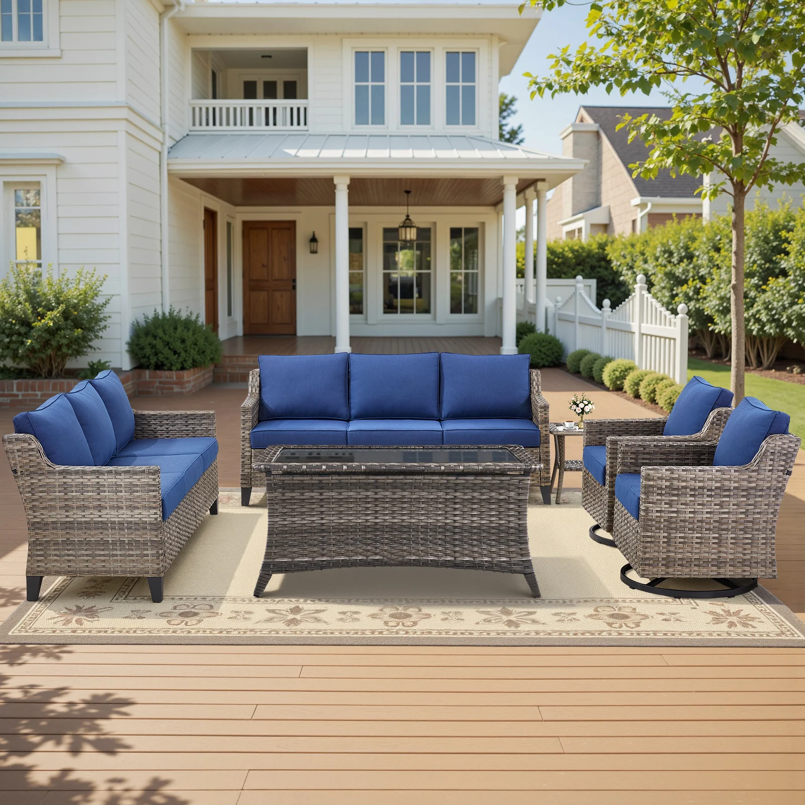 Ensemble de patio Belord 6 pièces avec canapés jumeaux, chaises pivotantes et tables — Mobilier de patio et d'extérieur