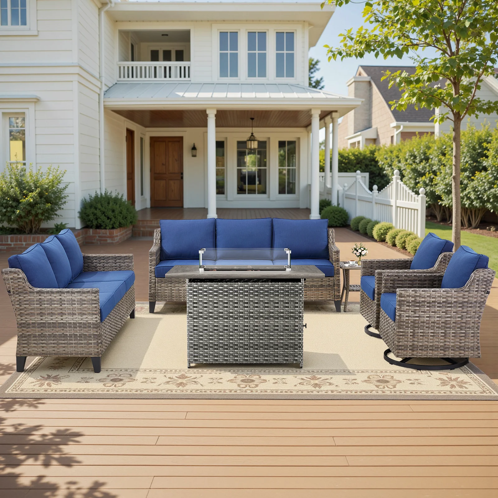 Ensemble de foyer Belord 6 pièces avec canapés jumeaux et chaises pivotantes, osier gris/coussin bleu — Mobilier de patio et d'extérieur