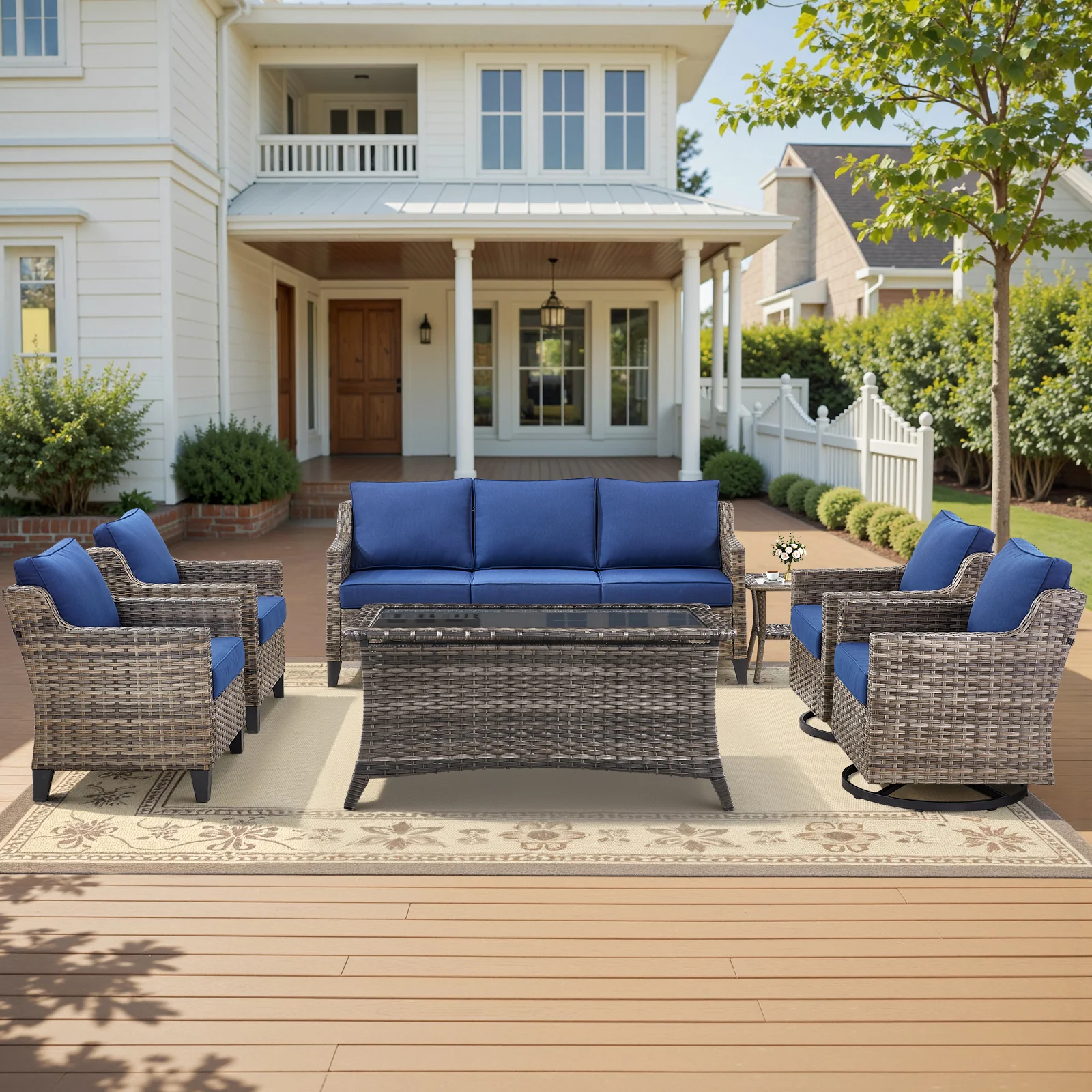 Belord 7-Piece Patio Set with Sofa, Swivel Chairs, Coffee Table, Side Table, Gray Wicker, Blue Cushion — Patio & Outdoor Furniture