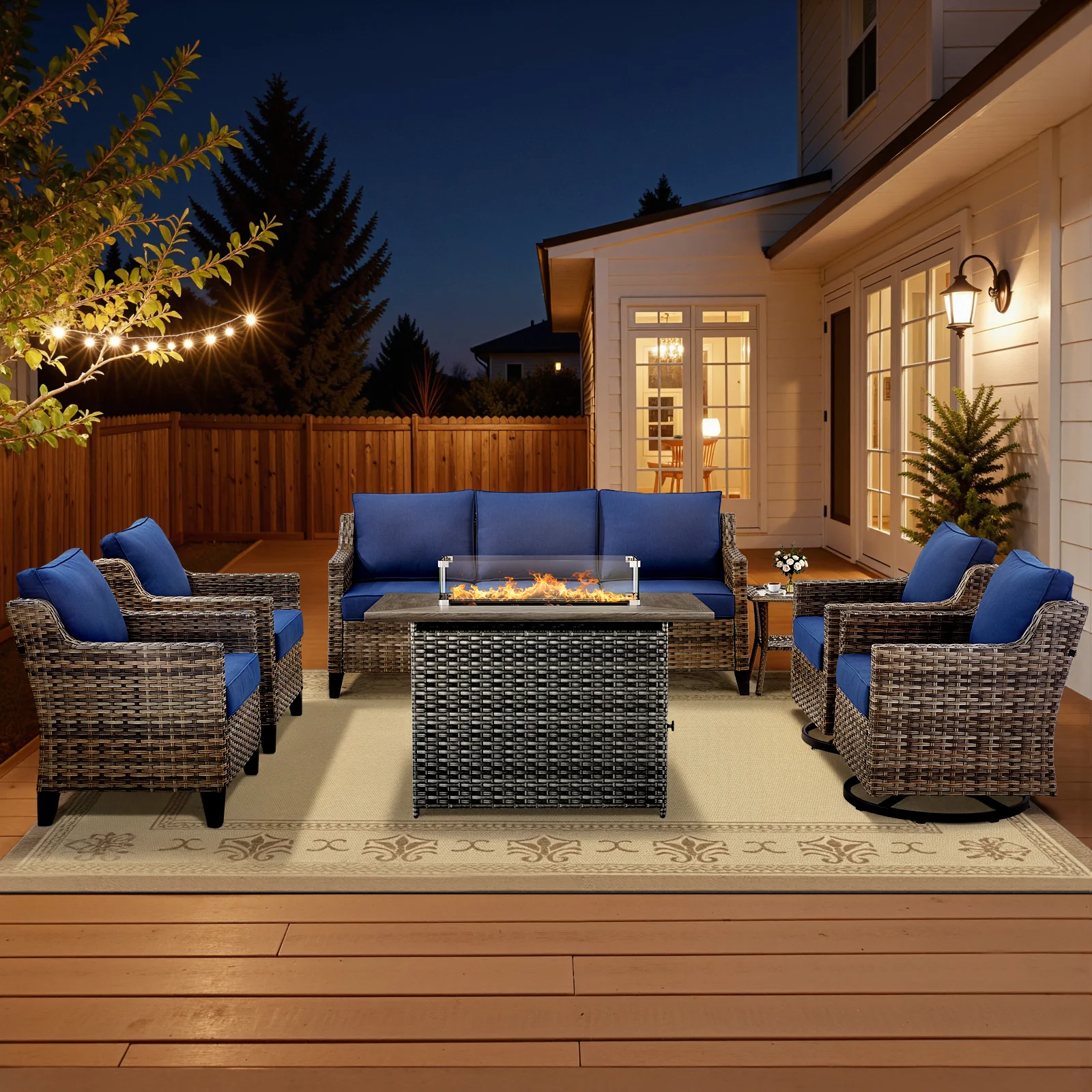 Ensemble de foyer de patio Belord 7 pièces avec chaises pivotantes et table d'appoint, coussin bleu en osier gris — Mobilier de patio et d'extérieur