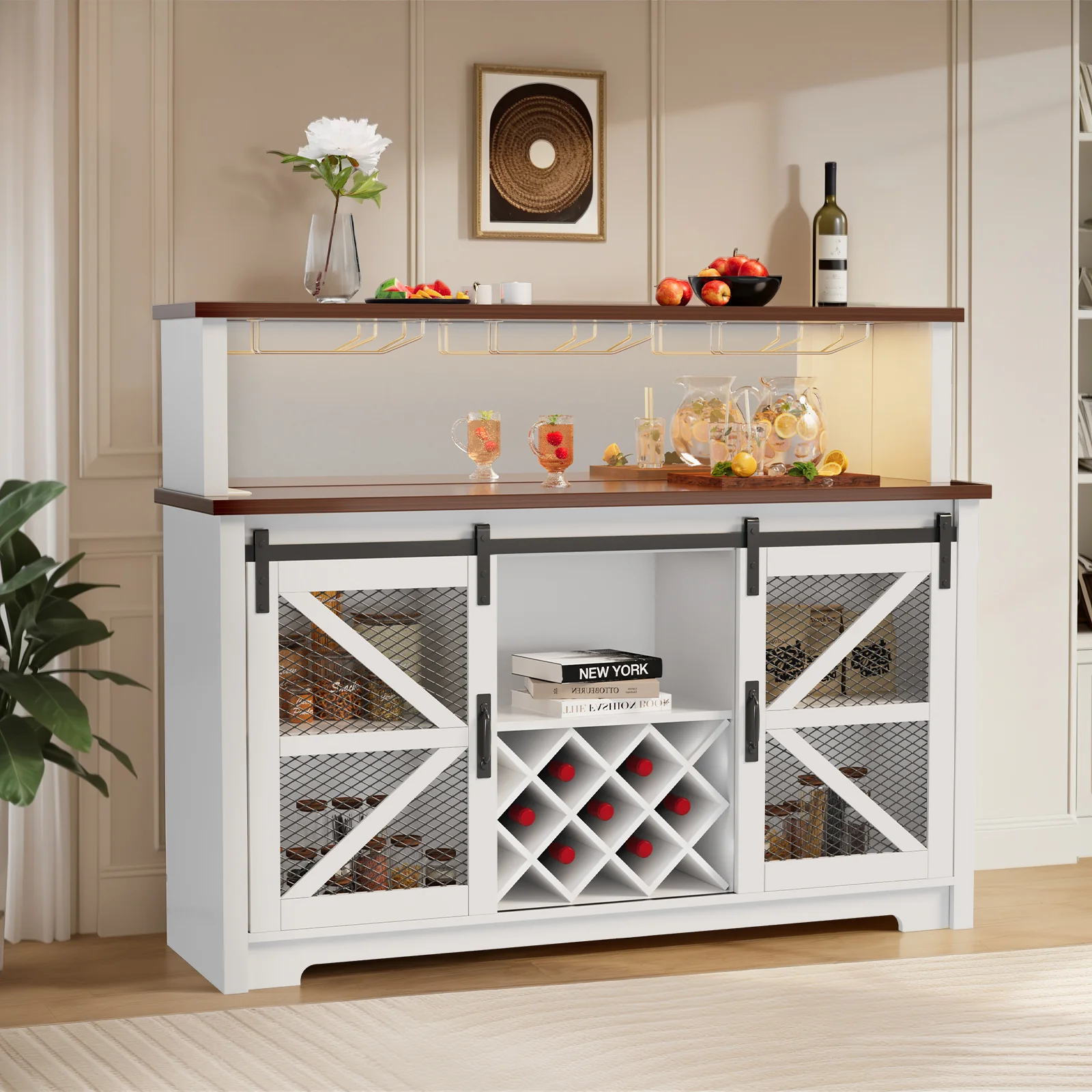 Armoire-bar à café de ferme de 55 po de largeur Belord avec éclairage LED et rangement pour le vin — Matelas