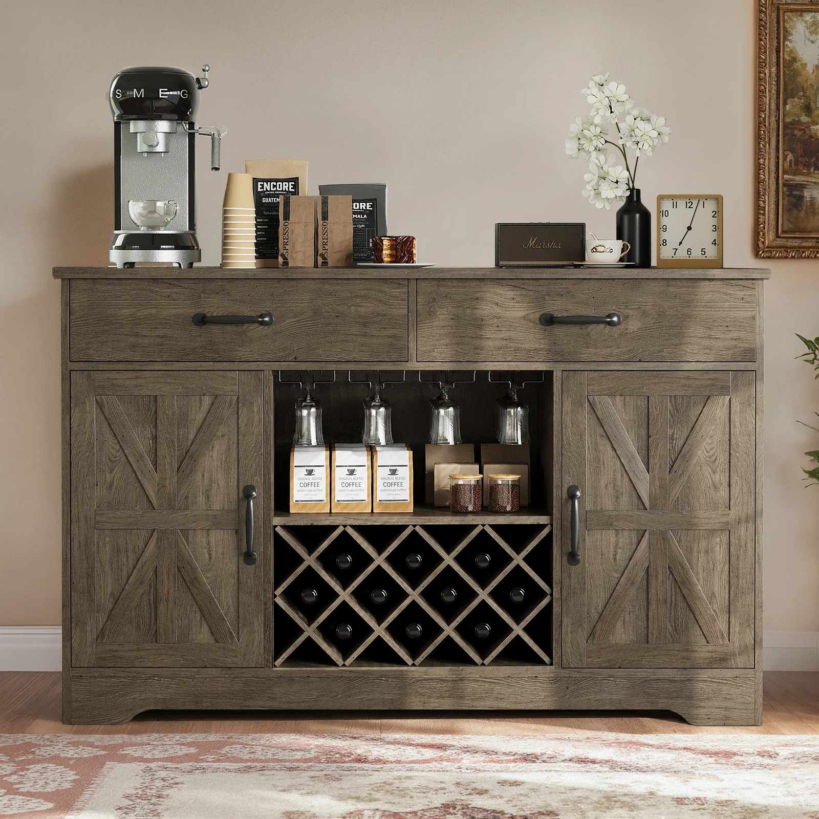 Armoire-bar à café de ferme 55 po avec clapier et casier à vin Belord — Matelas