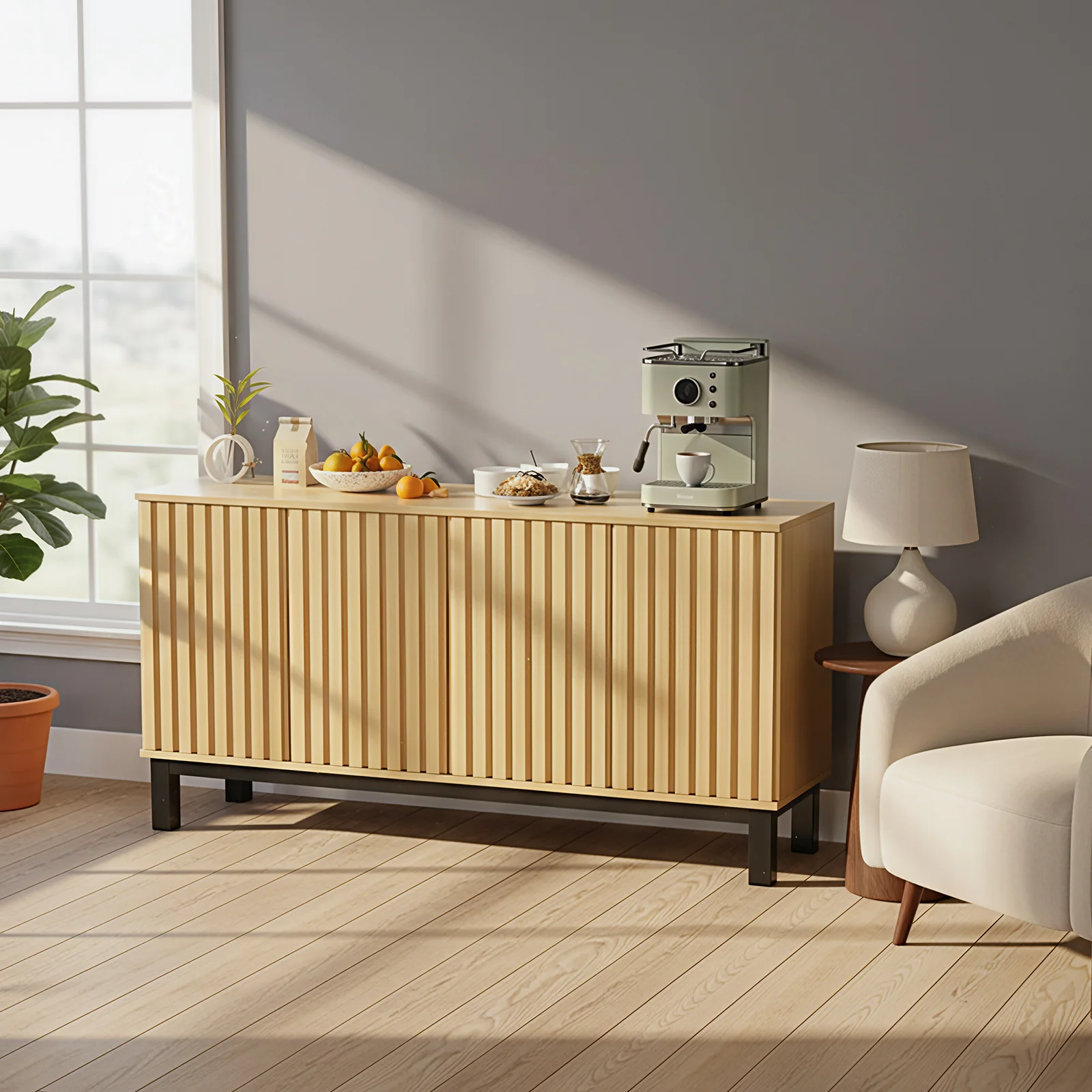Buffet buffet 63" Belord avec 4 portes cannelées en bois naturel — Matelas