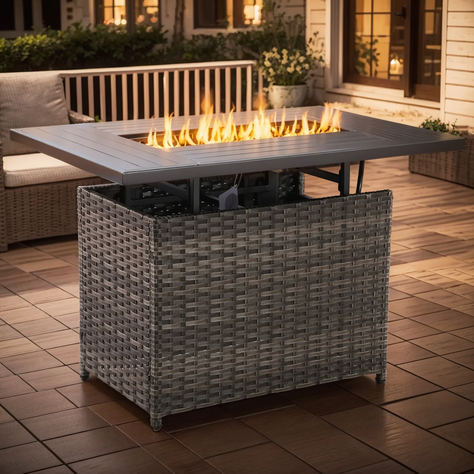 Belord 43" Wicker Fire Pit Table Lift-Up Top 50,000 BTU ETL Mixed Grey Wicker — Patio & Outdoor Furniture