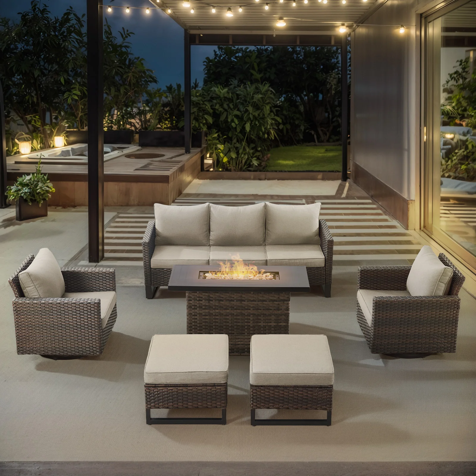 Ensemble de patio Belord 6 pièces avec table de foyer et chaises à bascule pivotantes