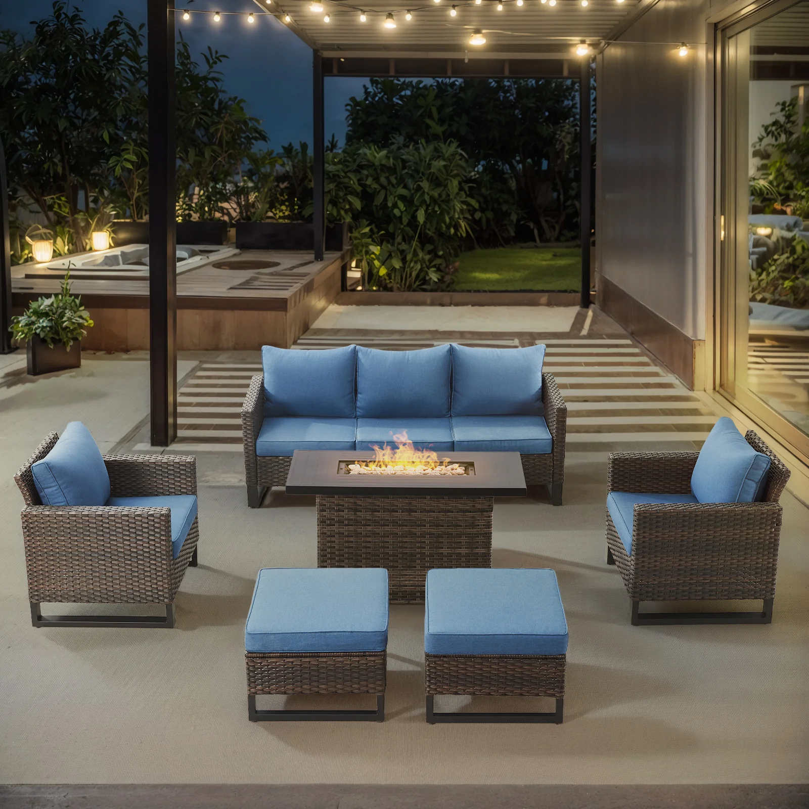 Belord 6-Piece Patio Set with Height-Adjustable Fire Pit Table Brown Wicker Blue Cushion — Patio & Outdoor Furniture