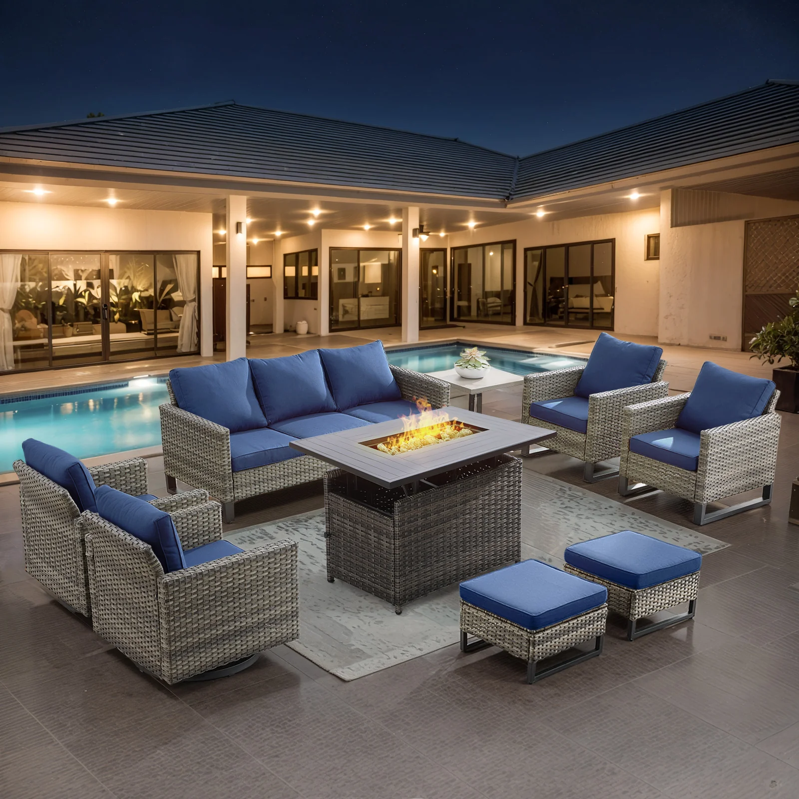 Ensemble de patio Belord 9 pièces avec table de foyer rectangulaire réglable — Mobilier de patio et d'extérieur