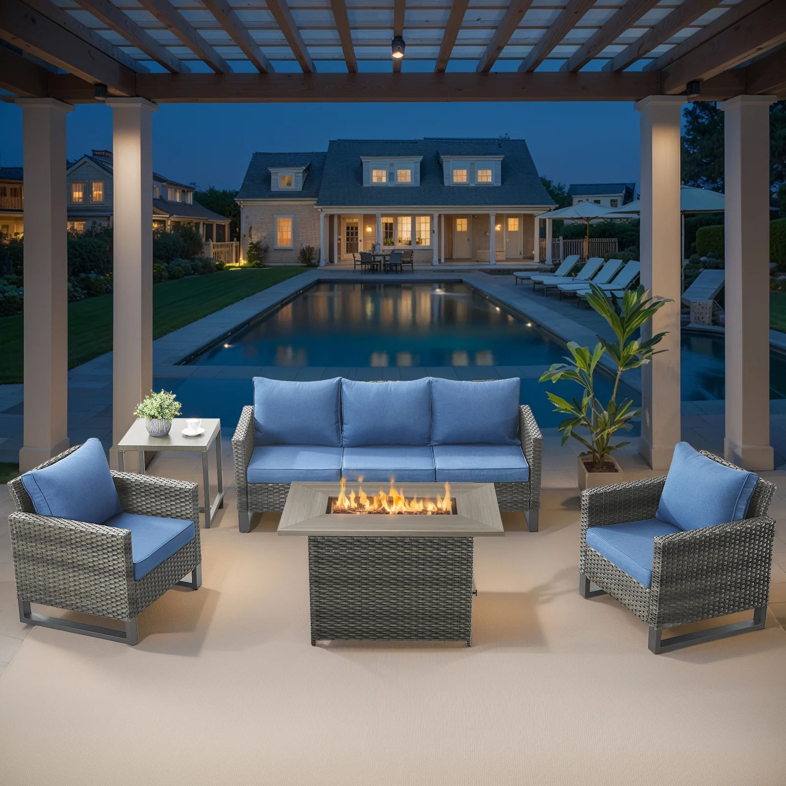Ensemble de patio Belord 5 pièces avec table de foyer au gaz de 41 po, canapé et 2 chaises — Mobilier de patio et d'extérieur