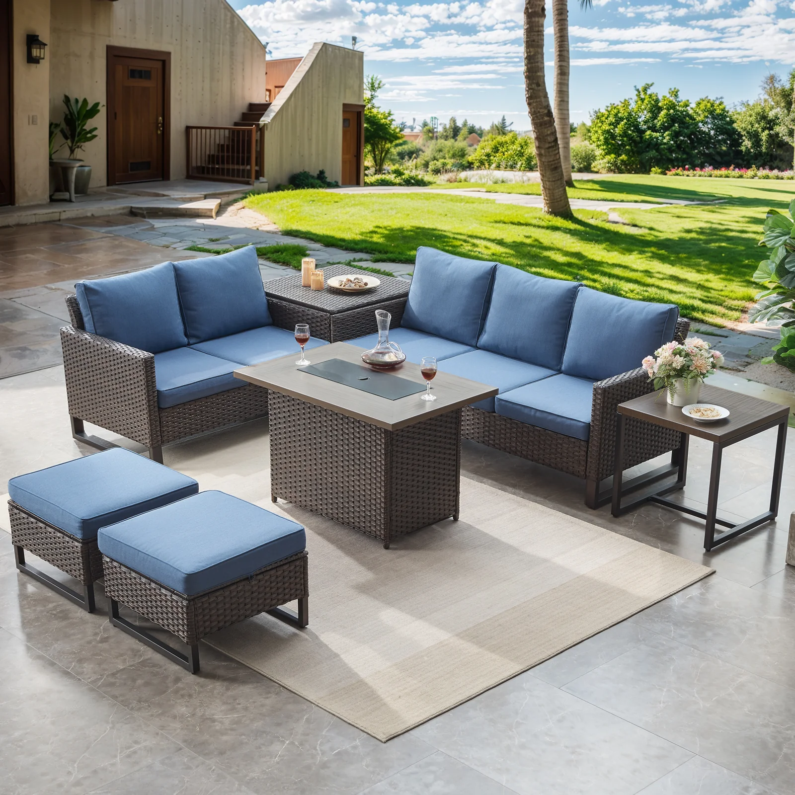 Belord 10-Piece Patio Sectional Set with Fire Pit Table and Storage Box Brown Wicker Blue Cushion — Patio & Outdoor Furniture