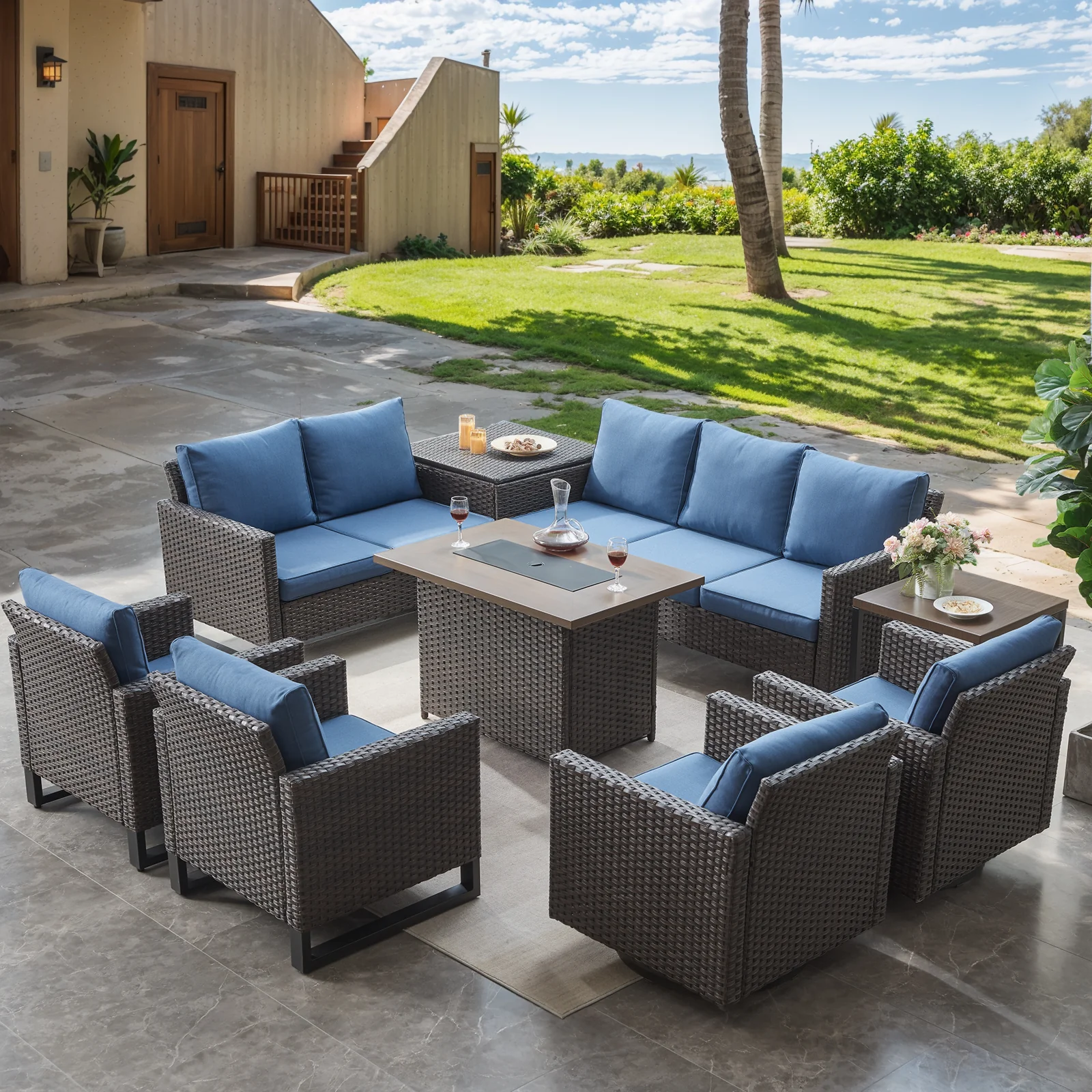 Belord 11-Piece Patio Sectional Set with Fire Pit Table and Storage, Brown Wicker/Blue Cushion — Patio & Outdoor Furniture