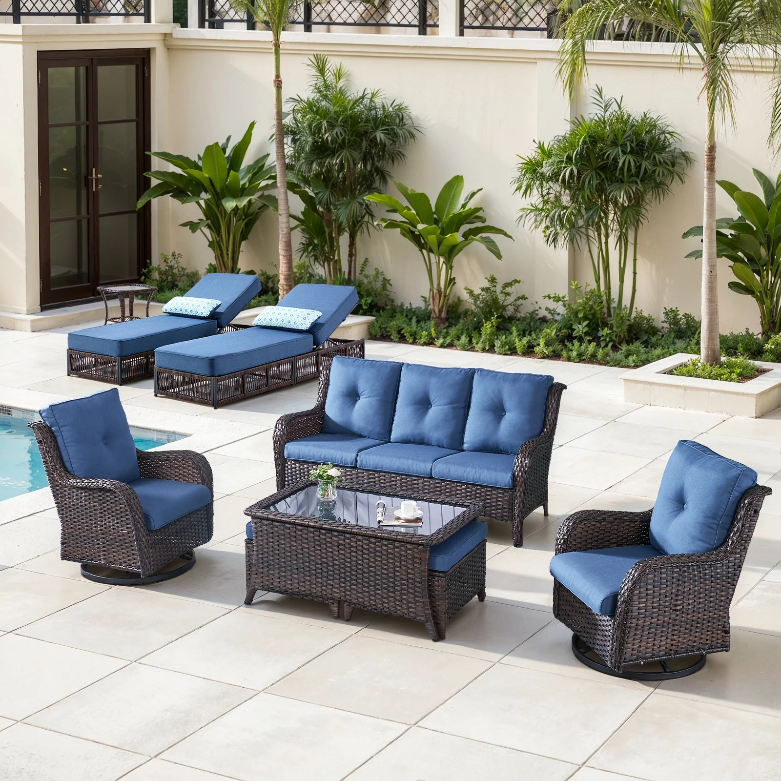 Ensemble de salon de patio en osier Belord, 9 pièces, canapé et chaises longues, marron/bleu — Mobilier de patio et d'extérieur