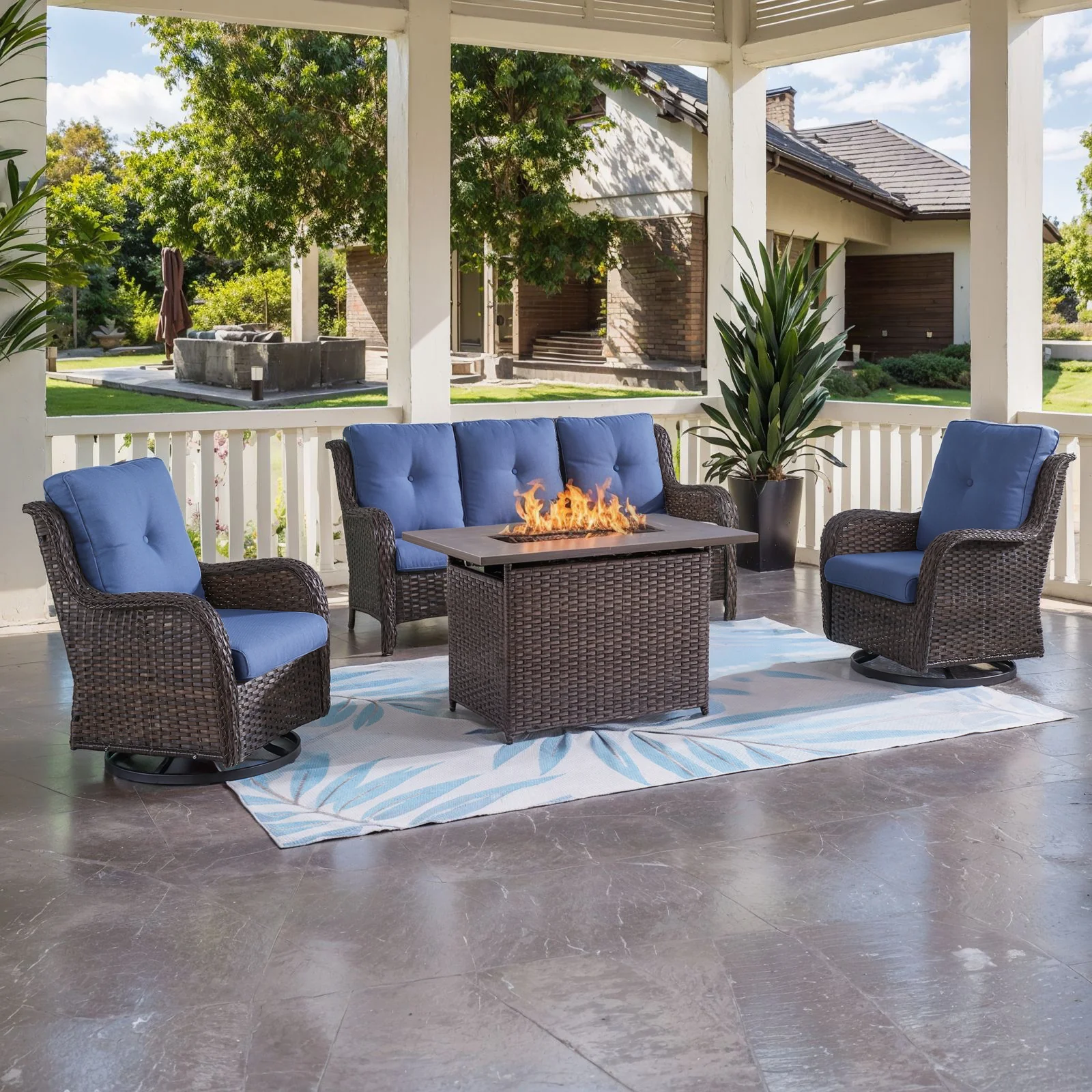 Belord 4-Piece Wicker Patio Set with Fire Pit Table & Swivel Chair — Patio & Outdoor Furniture
