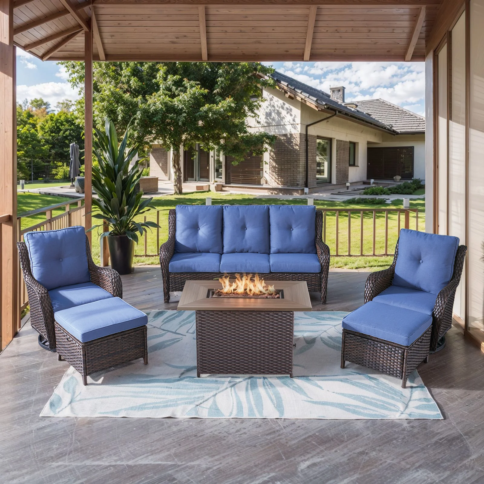 Belord 6-Piece Wicker Patio Set with Fire Pit Table and Swivel Chairs — Patio & Outdoor Furniture