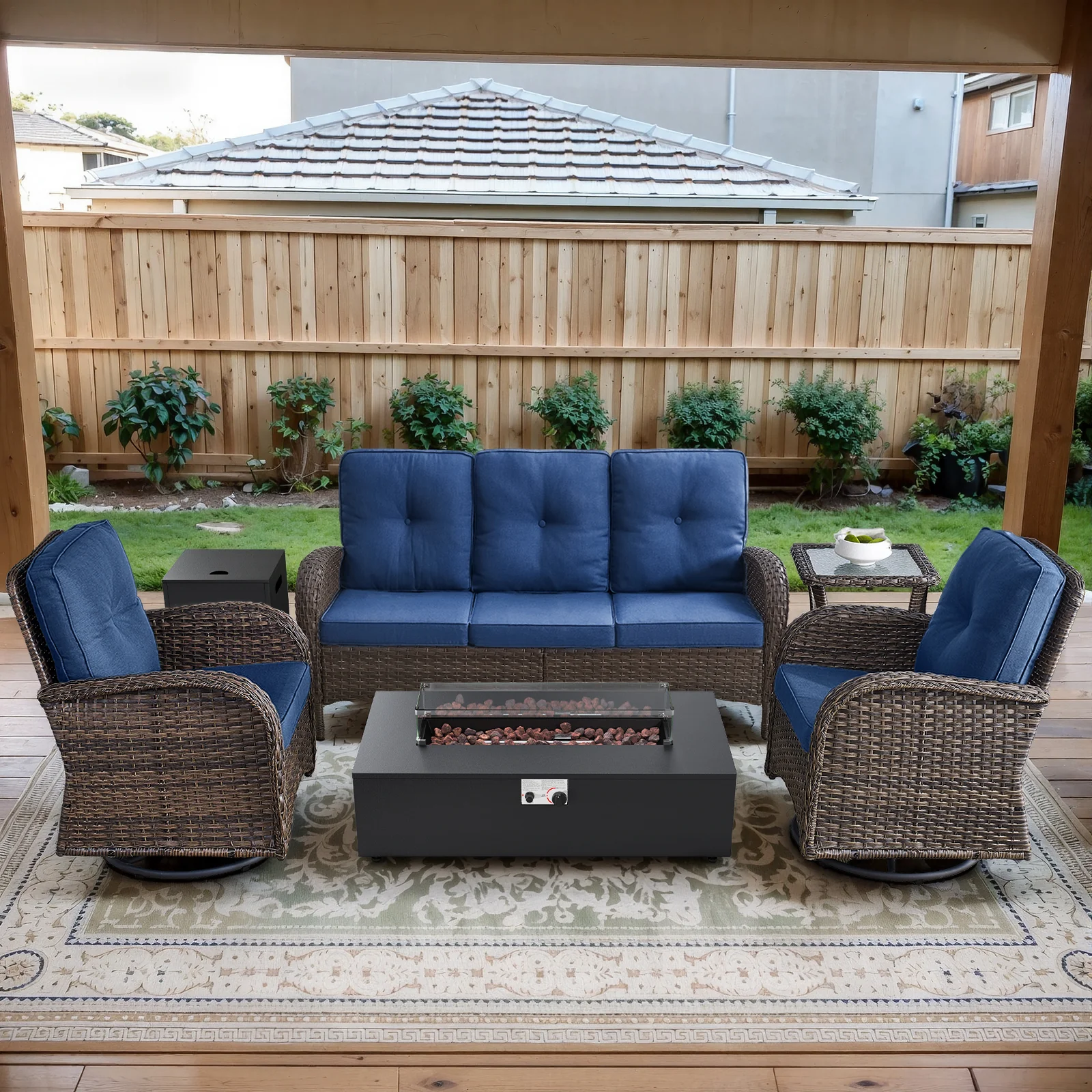 Ensemble de conversation de patio 5 pièces avec table de feu divisée - Série NDS — Mobilier de patio et d'extérieur