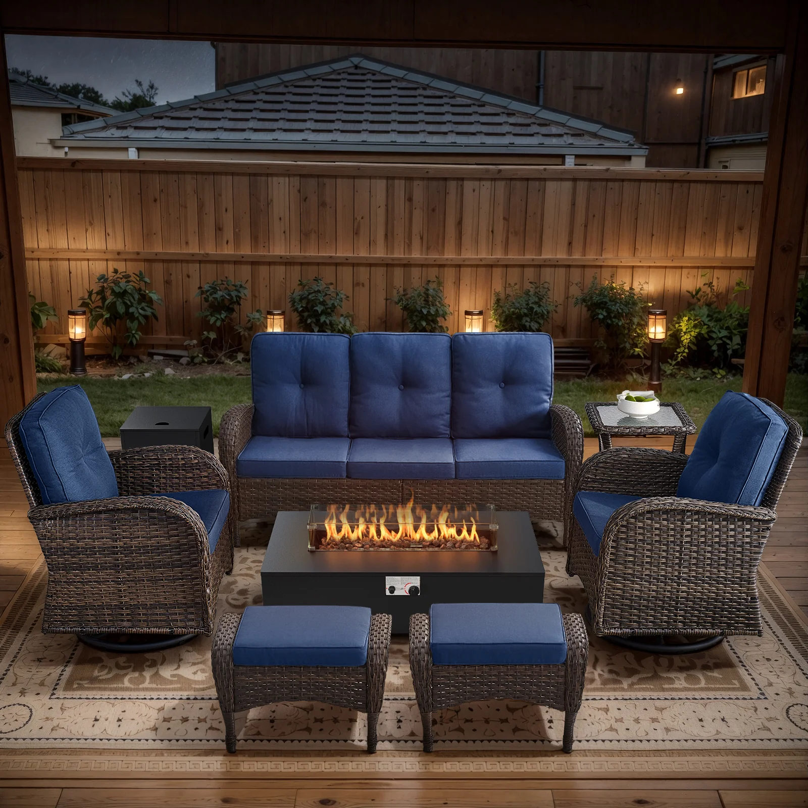 7-Piece Patio Conversation Set with Swivel Chairs and Fire Pit — Patio & Outdoor Furniture