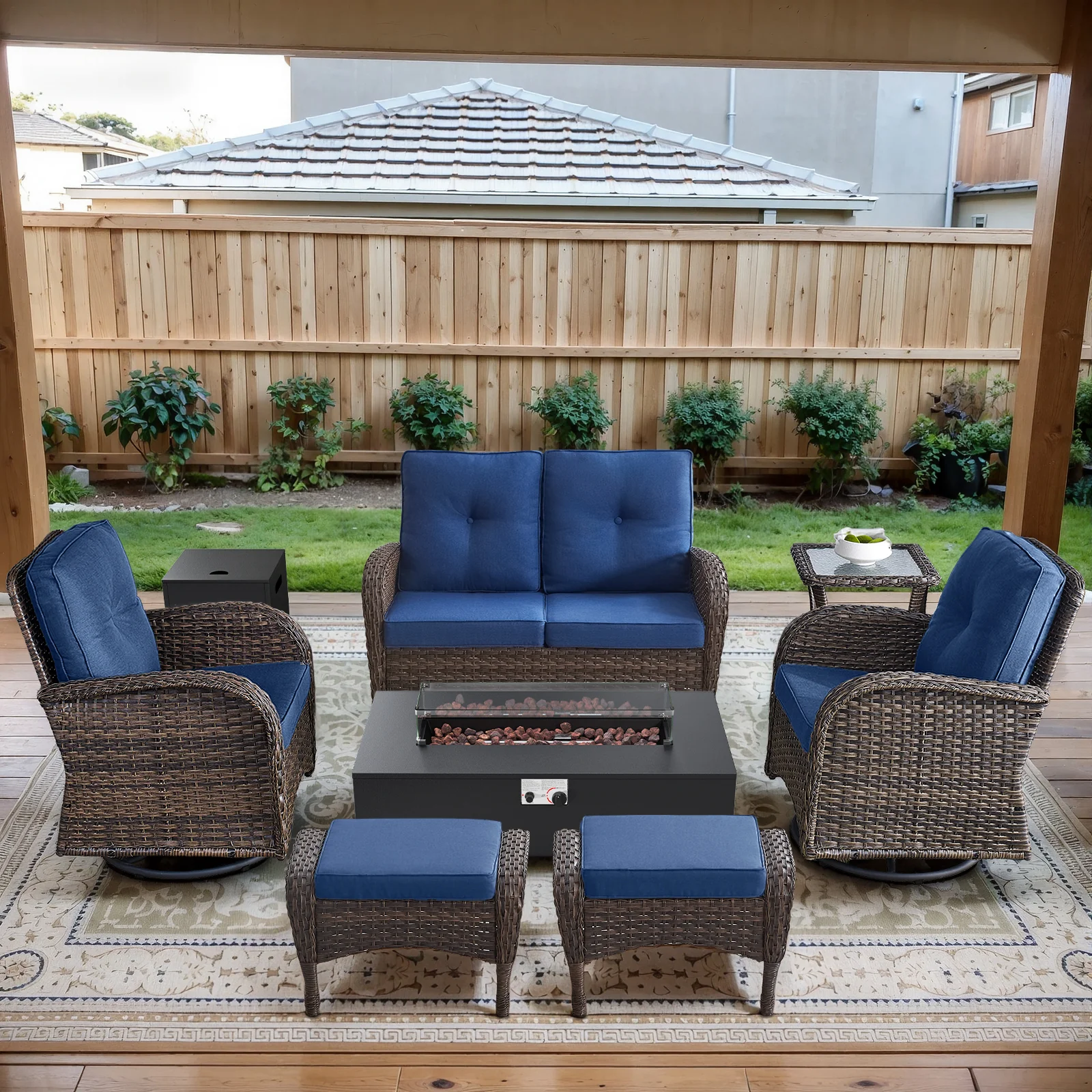 Ensemble de Conversation de Patio 7 Pièces avec Loveseat, Chaises et Foyer — Mobilier de patio et d'extérieur