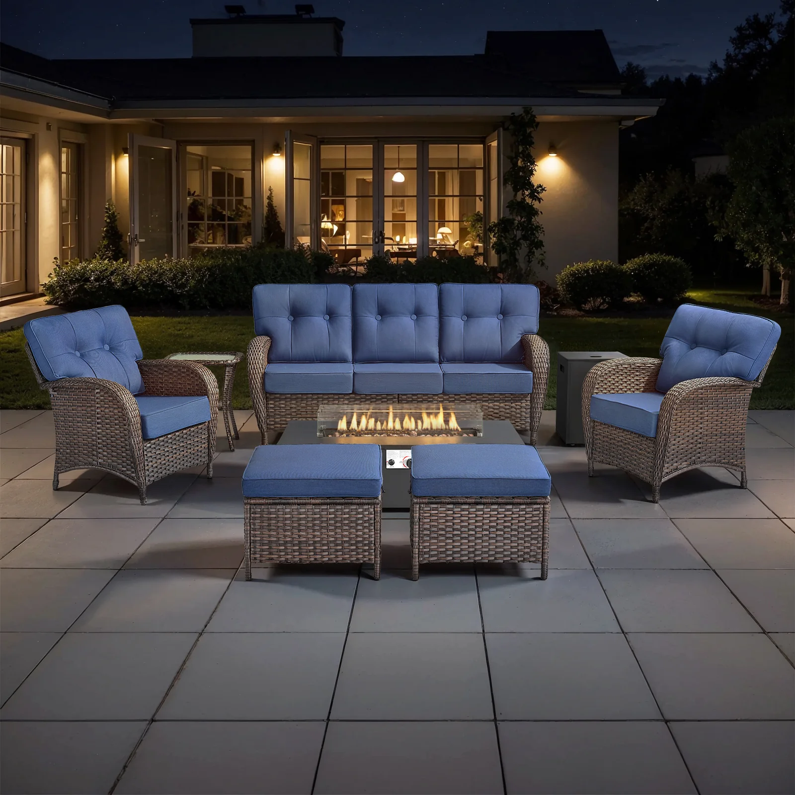 7-Piece Outdoor Patio T-Back Chairs Set with Fire Pit Table — Patio & Outdoor Furniture