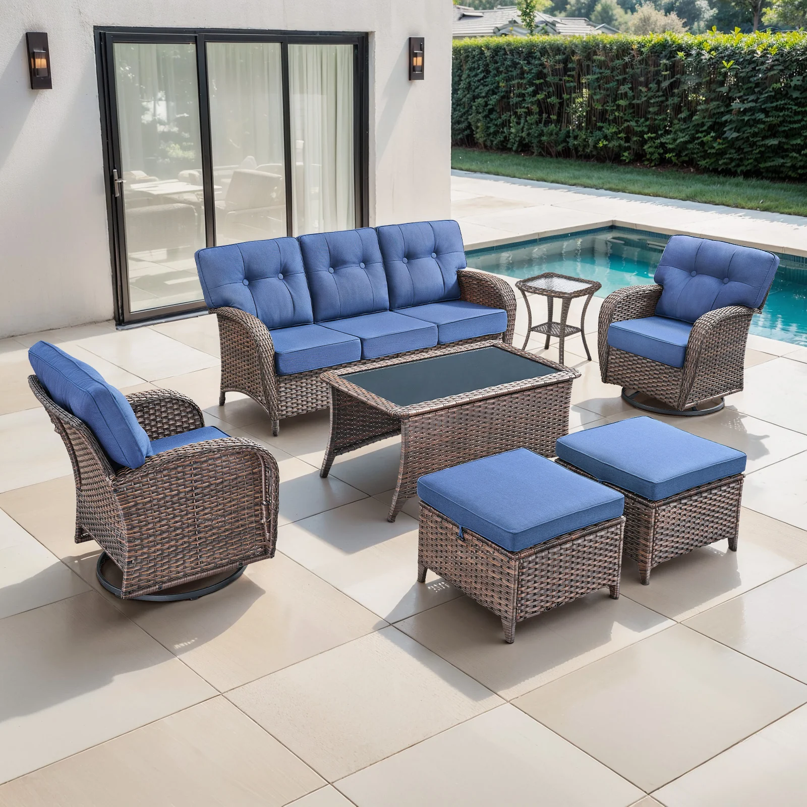 Ensemble de 7 pièces de chaises pivotantes T-Back pour patio avec sofa et table — Mobilier de patio et d'extérieur