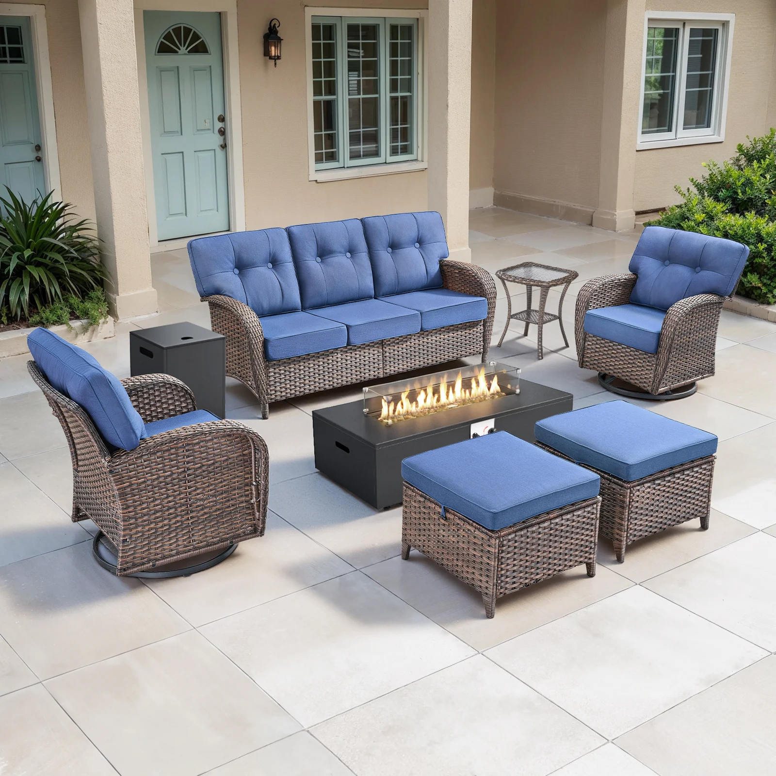7-Piece Outdoor Swivel Patio T-Back Chairs with Fire Pit Table — Patio & Outdoor Furniture