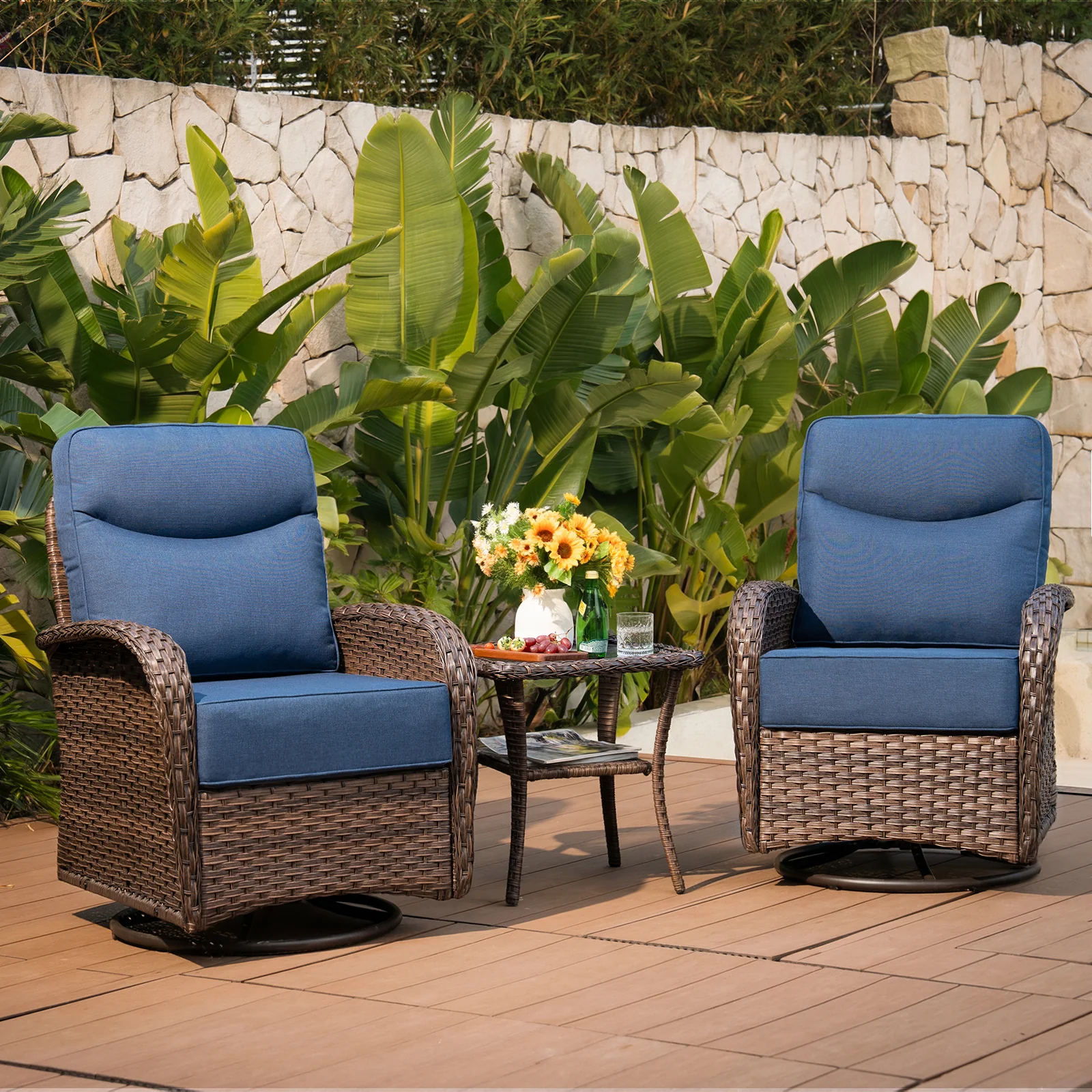 Ensemble de Chaises Berçantes Rotatives en Osier Belord avec Coussin de 6 — Mobilier de patio et d'extérieur