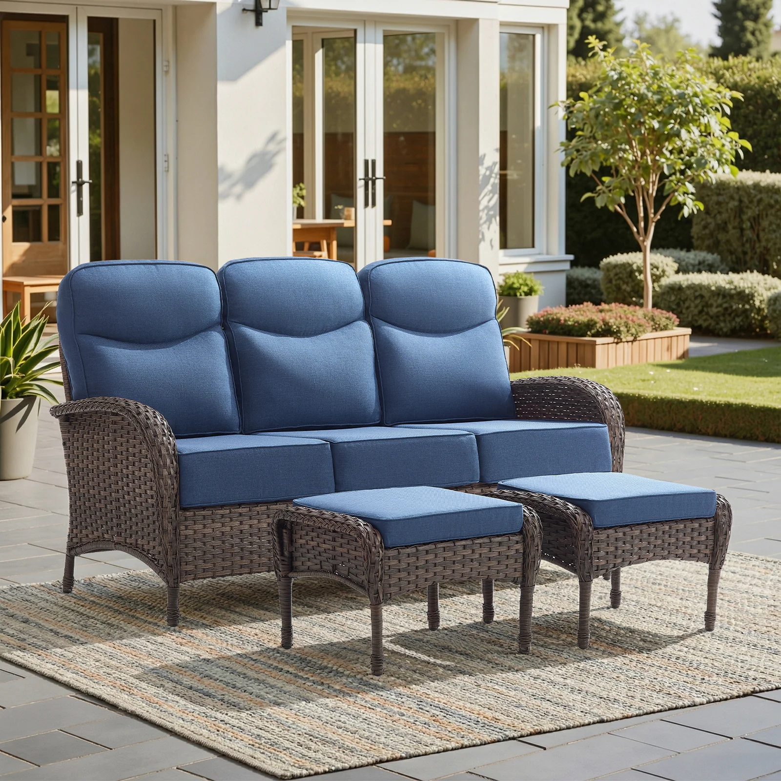 Belord 3-Seater Wicker Patio Sofa with 2 Ottomans - Brown/Blue — Patio & Outdoor Furniture
