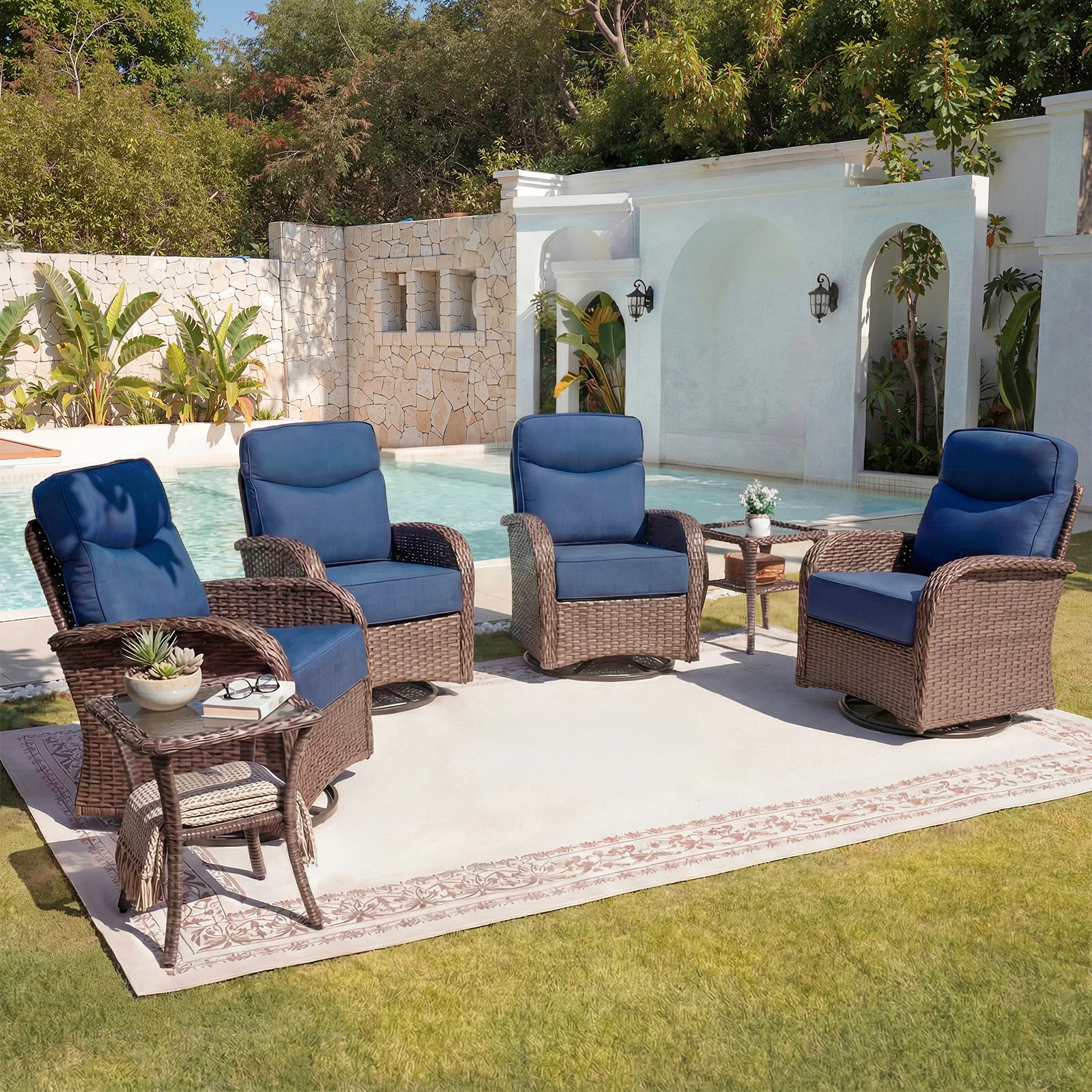 Ensemble de Chaises Pivotantes en Osier Belord de 6 Pièces avec Table d'Appoint — Mobilier de patio et d'extérieur