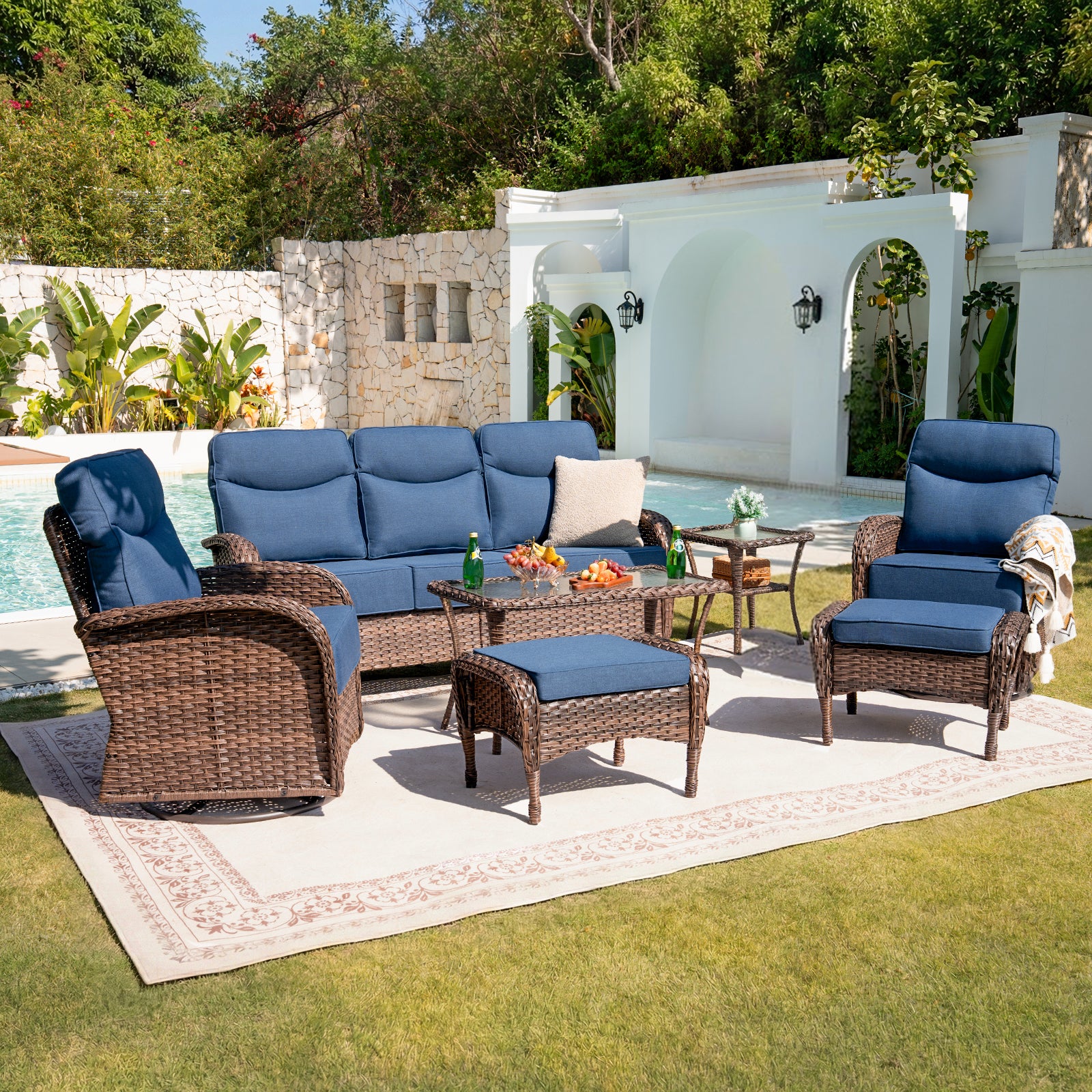 Ensemble de meubles de patio en osier rotatif Belord 7 pièces — Mobilier de patio et d'extérieur