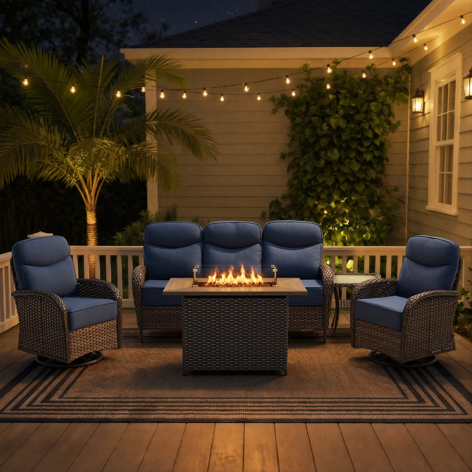 5 Piece Belord Rattan Patio Furniture Set with Fire Pit Table — Patio & Outdoor Furniture