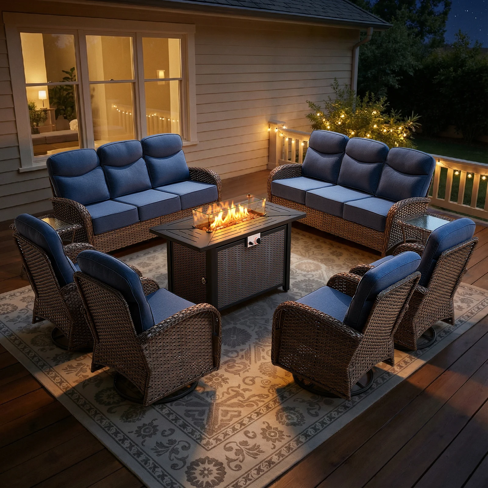 Ensemble de Patio Belord de 9 Pièces avec Chaises Pivotantes et Table de Feu — Mobilier de patio et d'extérieur