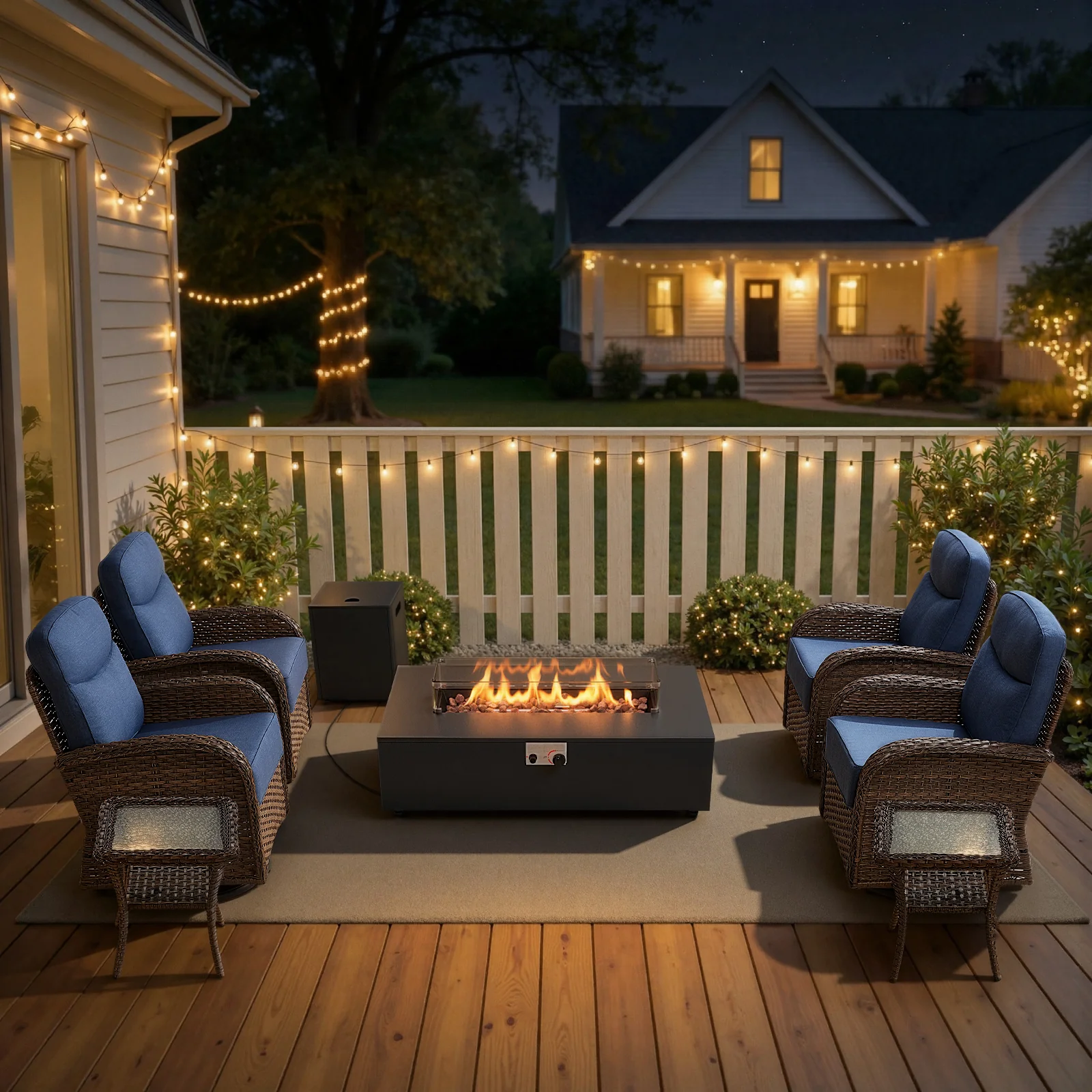 Ensemble de Patio Belord de 7 Pièces avec Chaises Pivotantes et Table de Feu