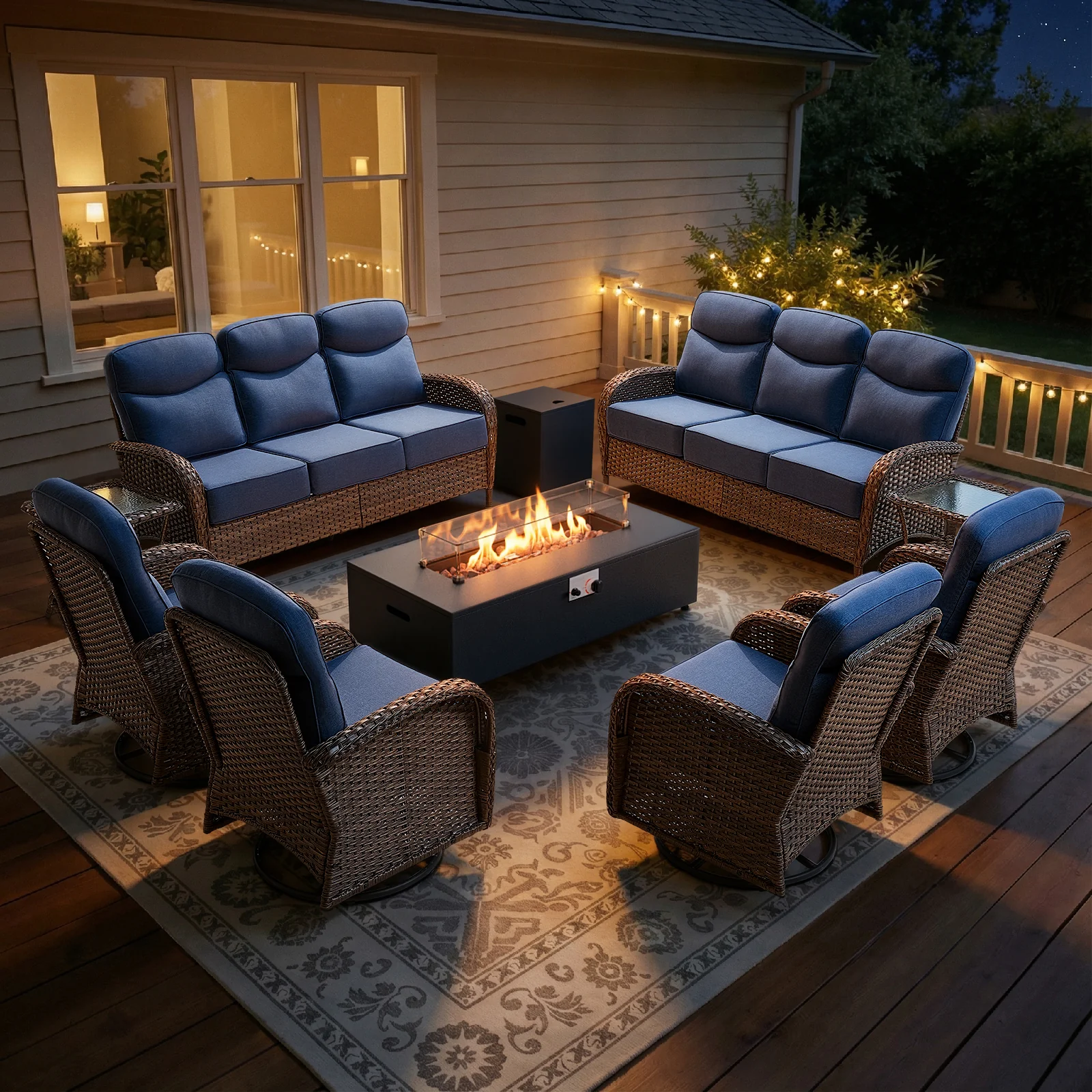 Ensemble de Patio Belord de 9 Pièces avec Chaises Pivotantes et Table à Feu — Mobilier de patio et d'extérieur