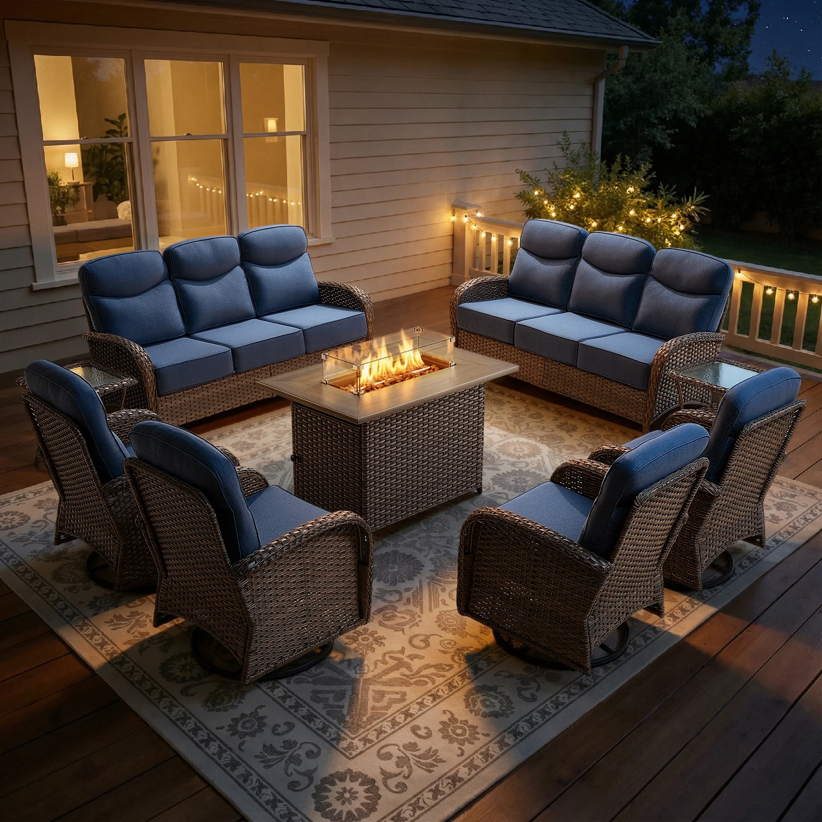Ensemble de mobilier de patio en rotin 9 pièces Belord avec table de feu — Mobilier de patio et d'extérieur