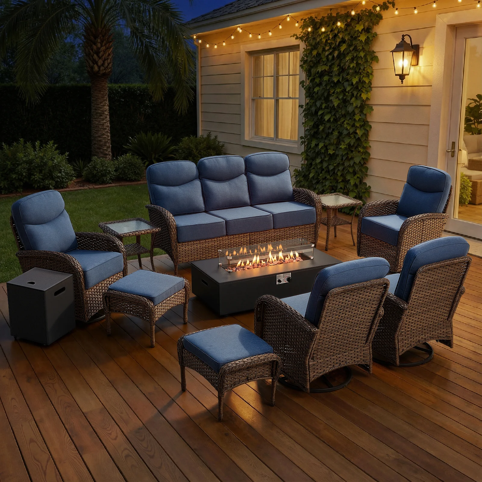 10 Piece Belord Patio Lounge Set with Fire Pit Table & Ottomans — Patio & Outdoor Furniture