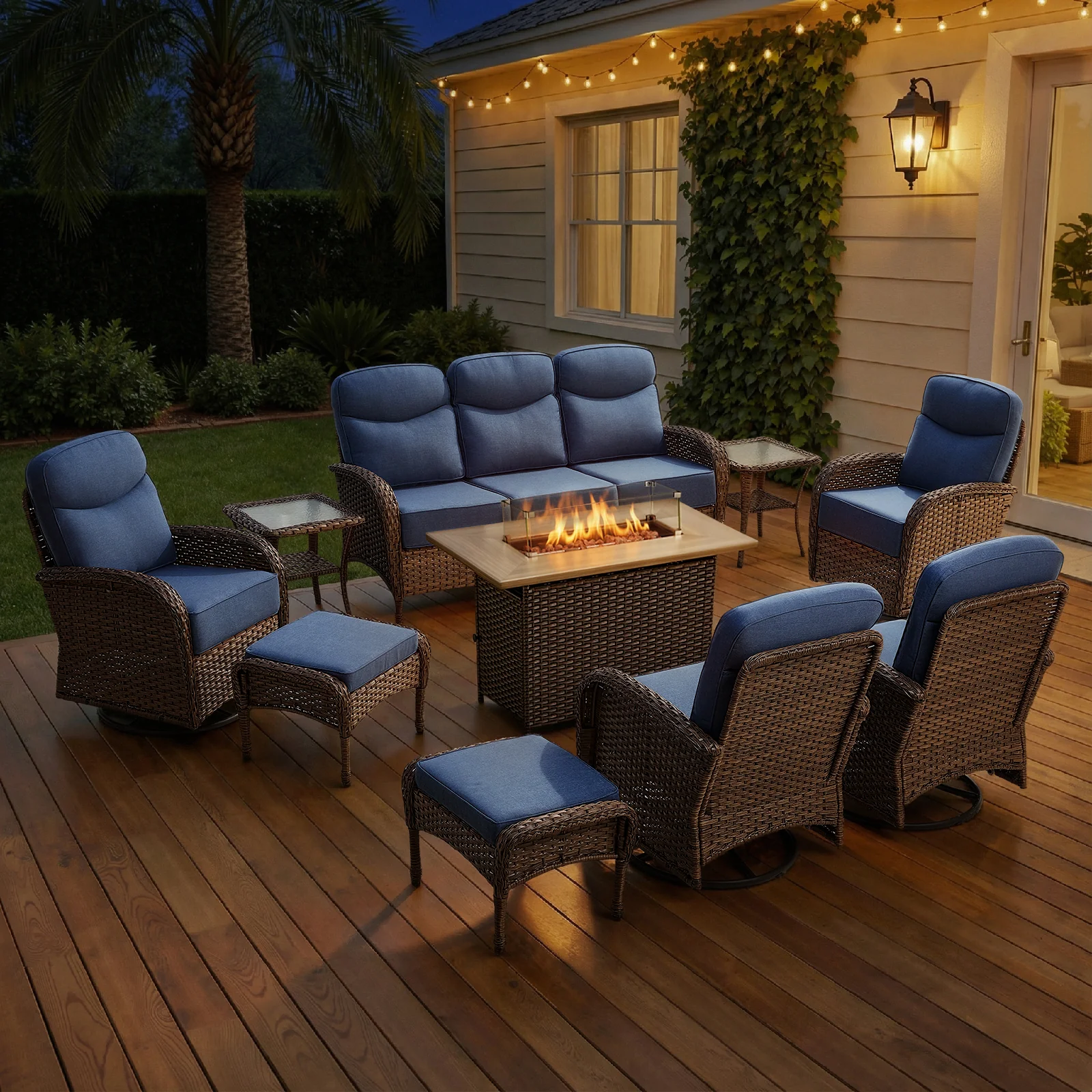 Ensemble de mobilier de patio en rotin Belord de 10 pièces avec table de feu — Mobilier de patio et d'extérieur