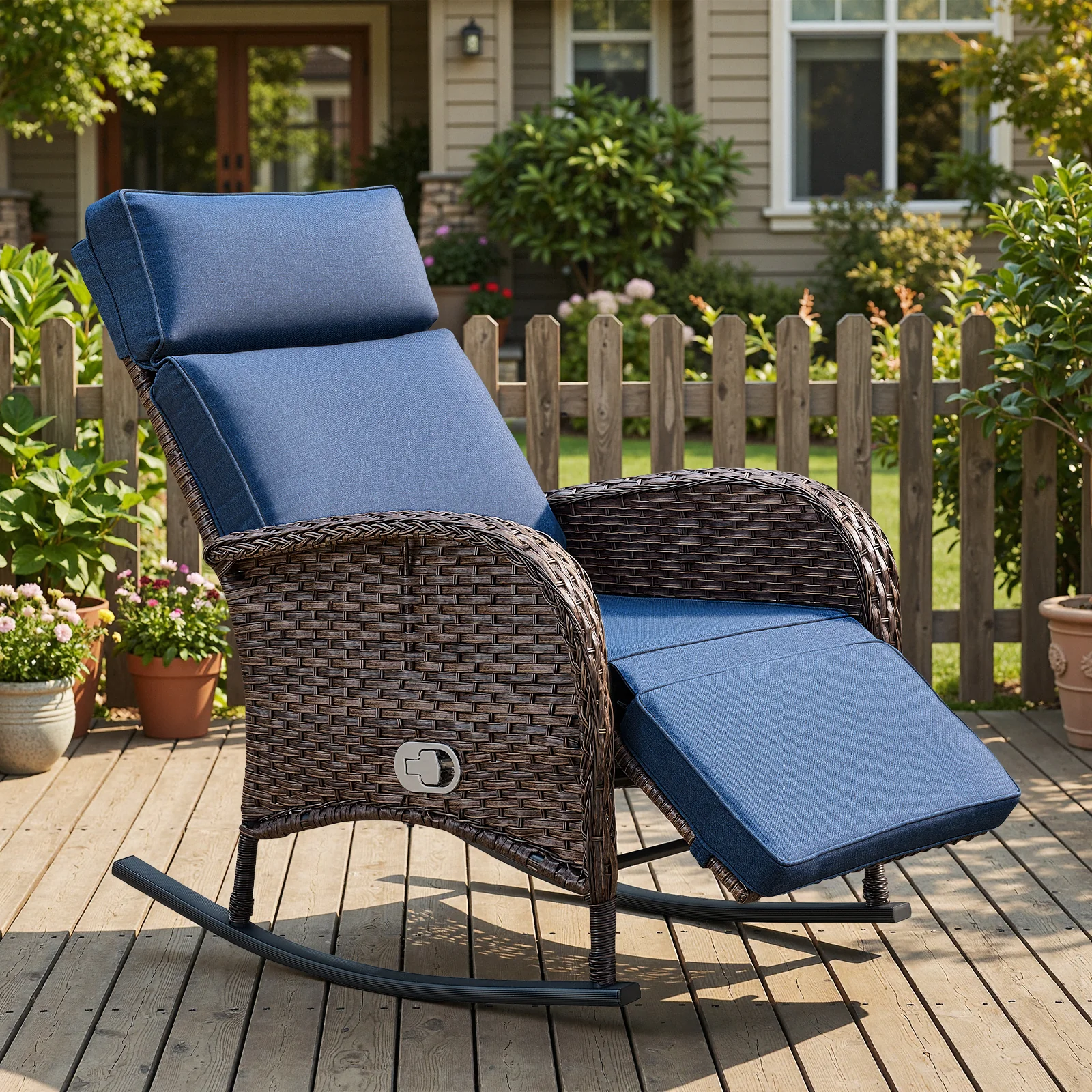Chaise Longue Berçante Réglable en Rattan PE - Osier Brun — Mobilier de patio et d'extérieur