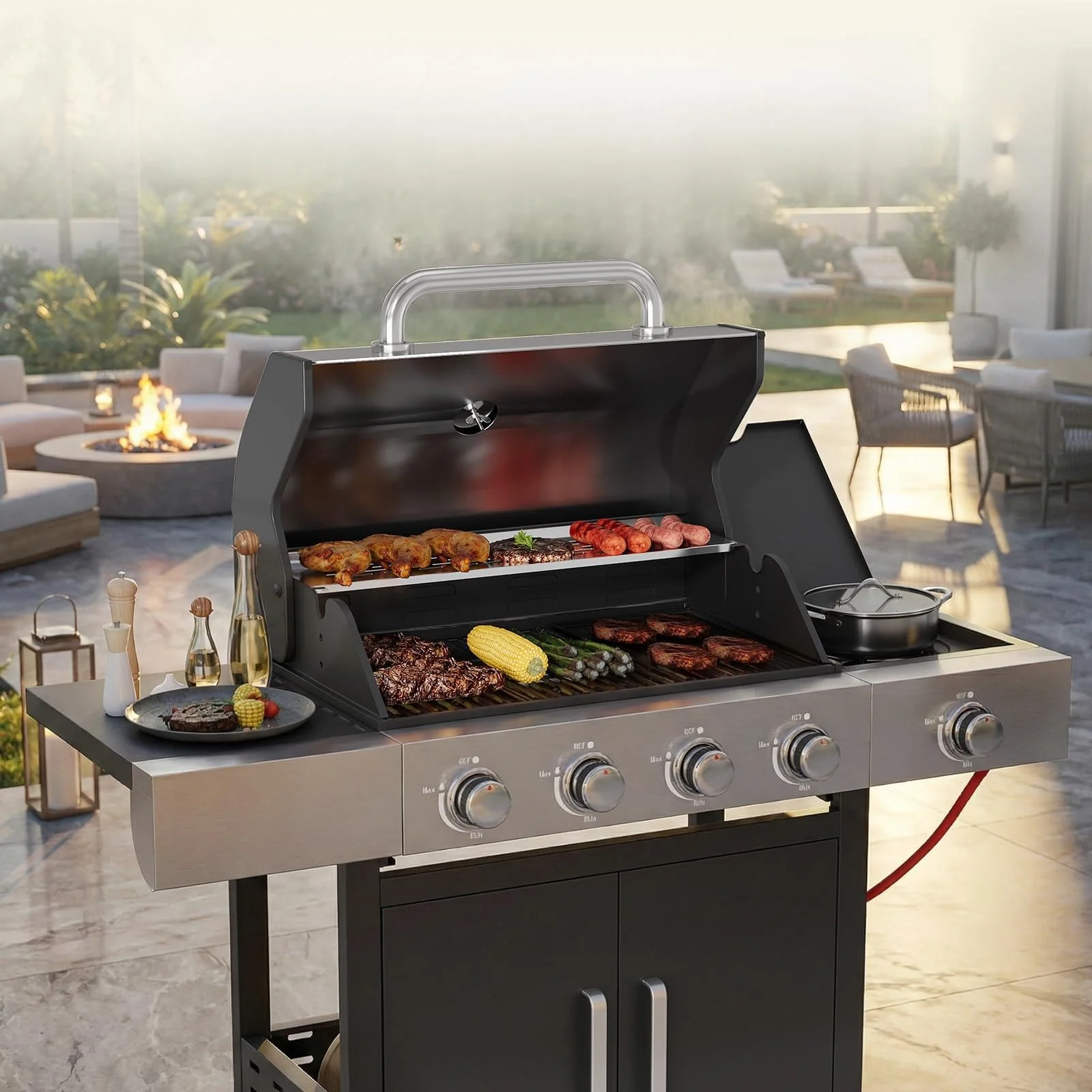 44000 BTU Stainless Steel Propane Gas Grill with Side Burner — Patio & Outdoor Furniture