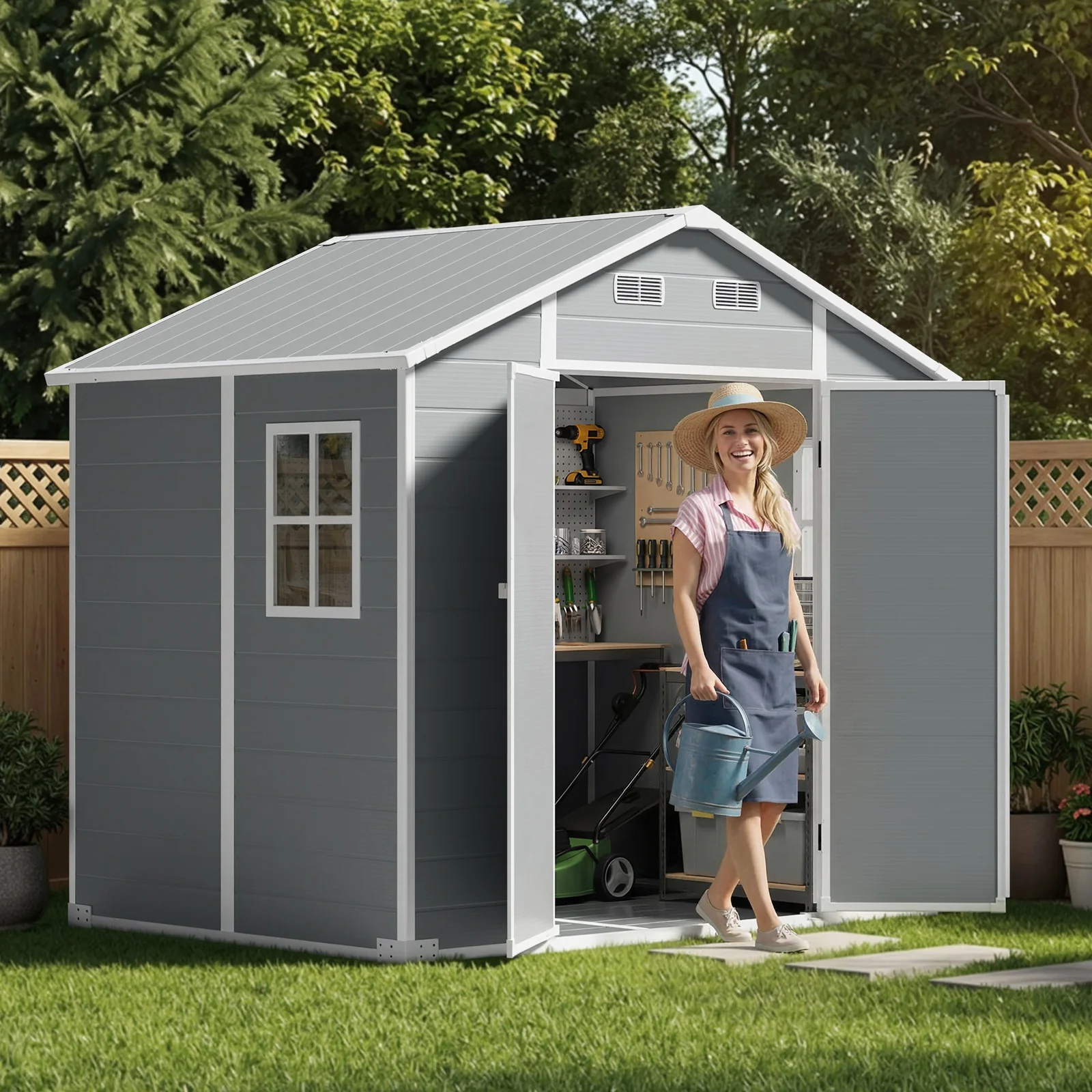 8x6 FT Outdoor Resin Storage Shed with Lockable Door and Window — Patio & Outdoor Furniture